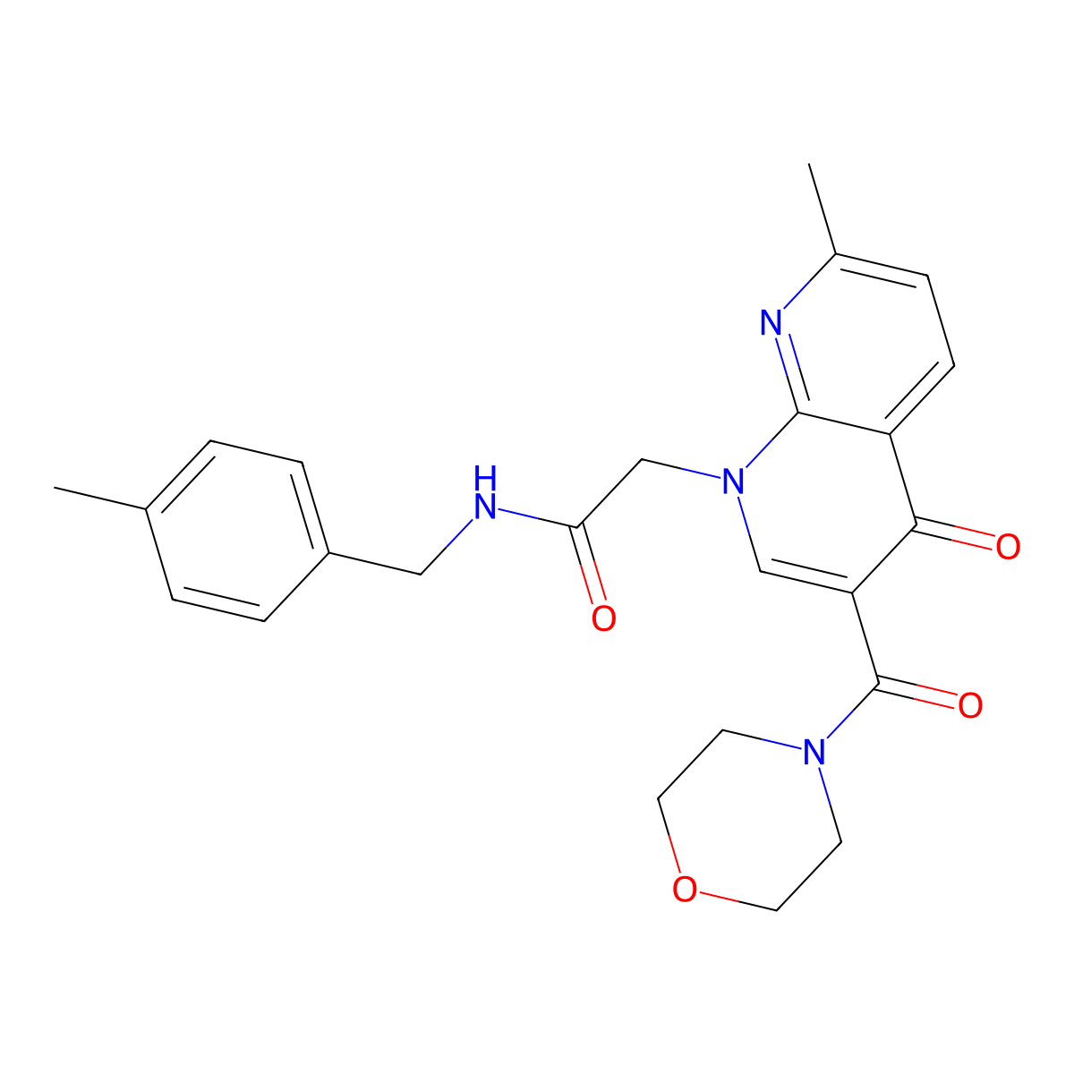 2-(7-methyl-3-(morpholine-4-carbonyl)-4-oxo-1,8-naphthyridin-1(4H)-yl)-N-(4-methylbenzyl)acetamide molecular structure, CAS 1251673-11-6