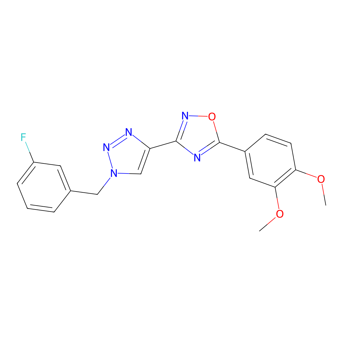 5-(3,4-dimethoxyphenyl)-3-(1-(3-fluorobenzyl)-1H-1,2,3-triazol-4-yl)-1,2,4-oxadiazole molecular structure, CAS 1251673-12-7