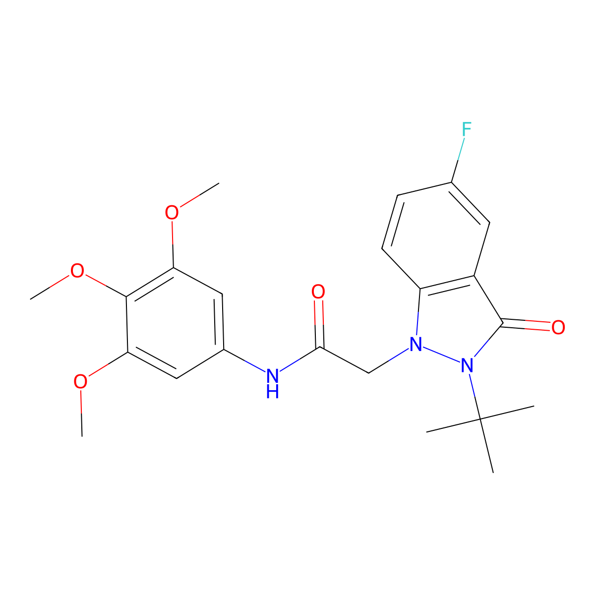 2-(2-(tert-butyl)-5-fluoro-3-oxo-2,3-dihydro-1H-indazol-1-yl)-N-(3,4,5-trimethoxyphenyl)acetamide molecular structure, CAS 1251673-17-2