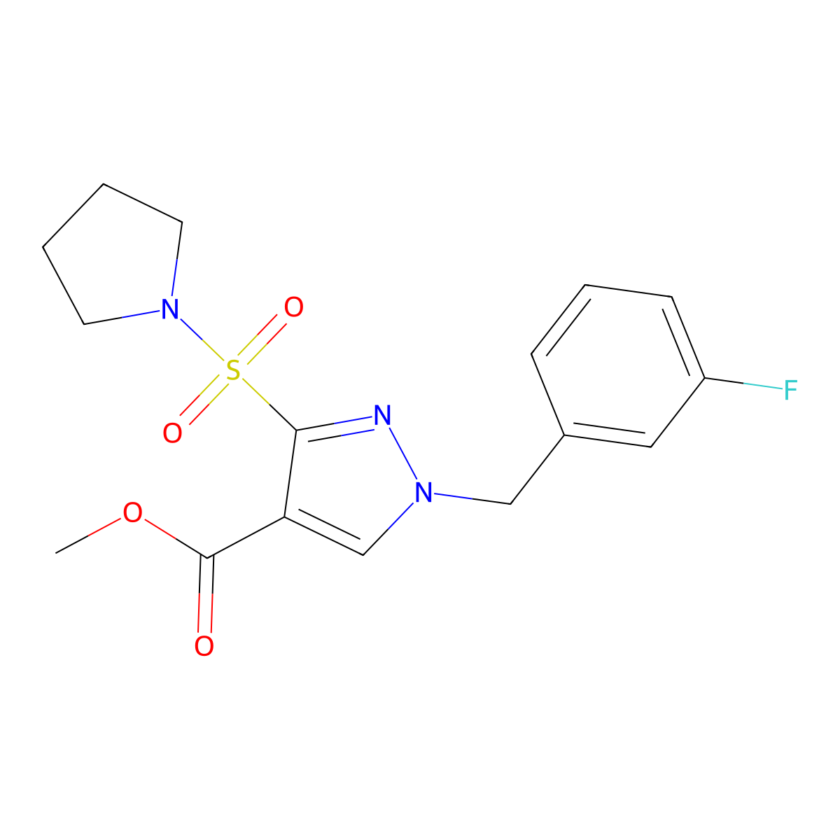 methyl 1-(3-fluorobenzyl)-3-(pyrrolidin-1-ylsulfonyl)-1H-pyrazole-4-carboxylate molecular structure, CAS 1251673-19-4