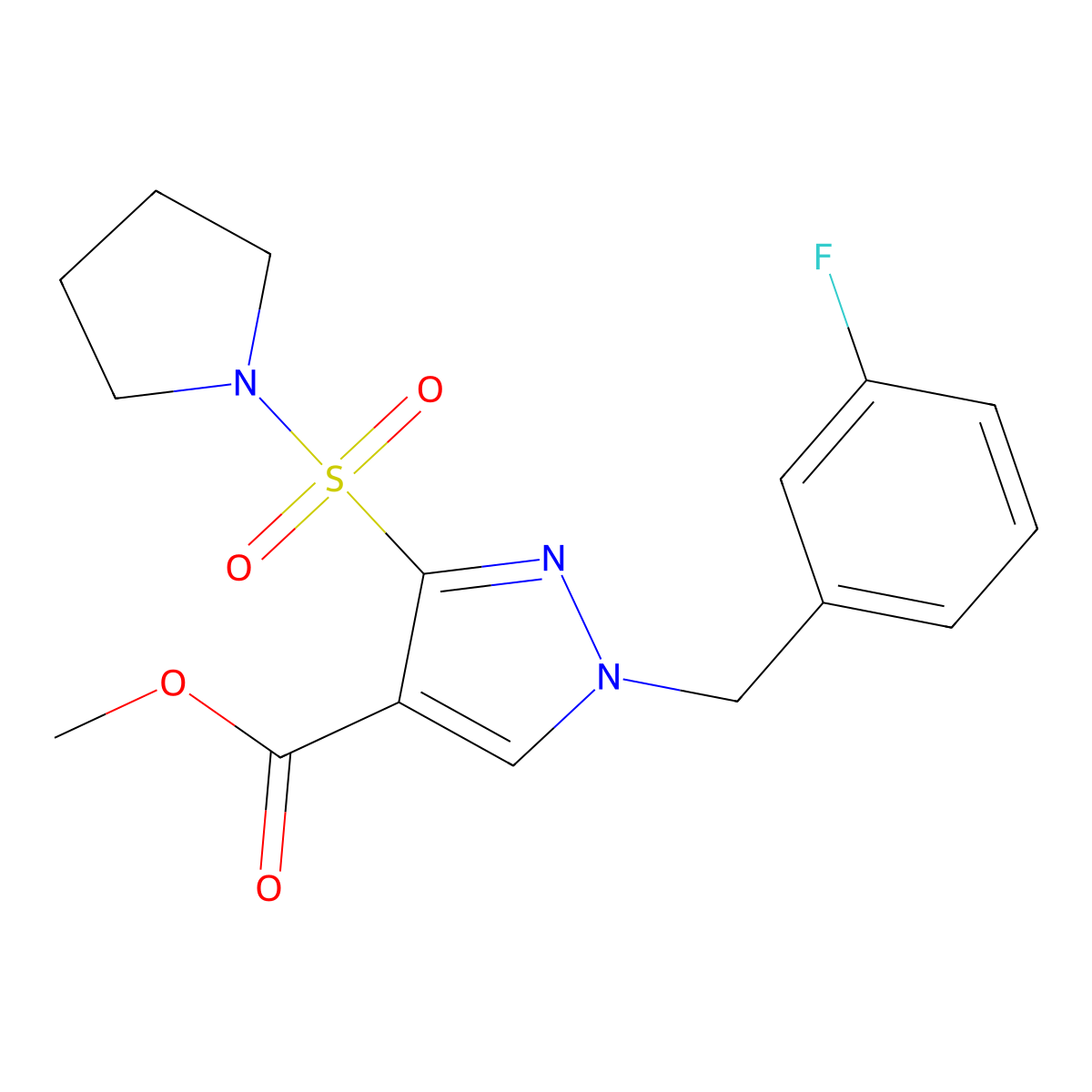 methyl 1-(3-fluorobenzyl)-3-(pyrrolidin-1-ylsulfonyl)-1H-pyrazole-4-carboxylate molecular structure, CAS 1251673-19-4