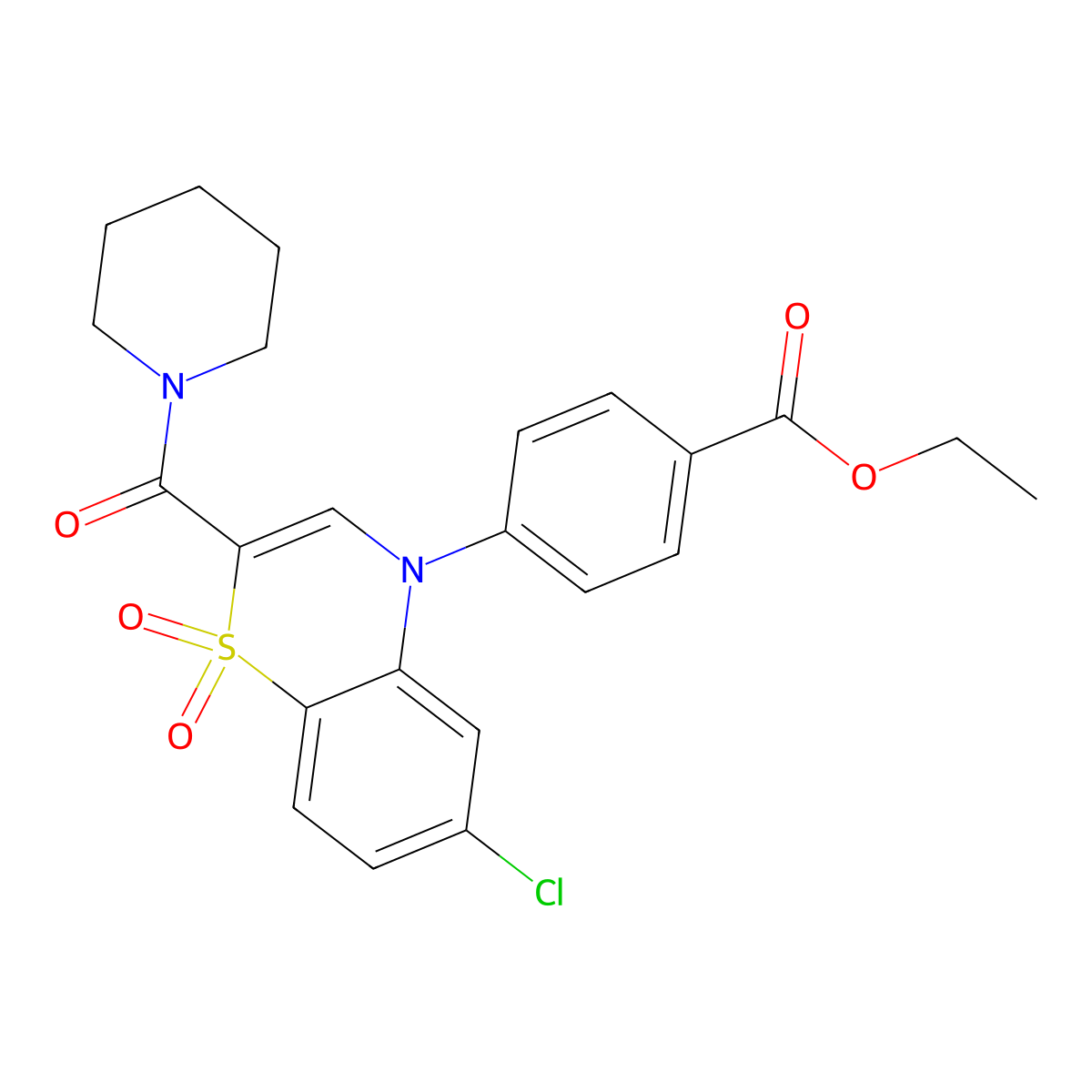 ethyl 4-[6-chloro-1,1-dioxido-2-(piperidin-1-ylcarbonyl)-4H-1,4-benzothiazin-4-yl]benzoate molecular structure, CAS 1251673-20-7
