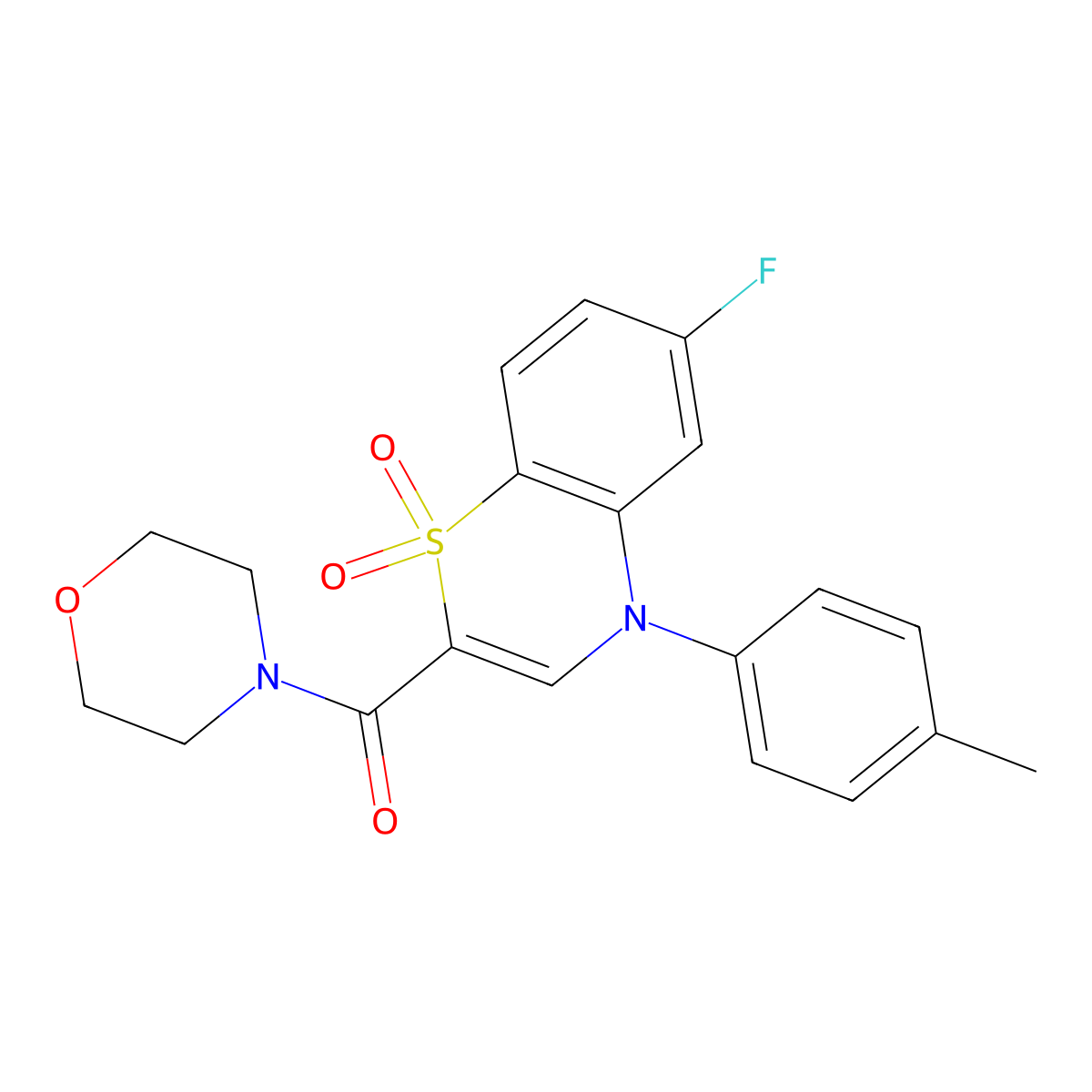 (6-fluoro-1,1-dioxido-4-(p-tolyl)-4H-benzo[b][1,4]thiazin-2-yl)(morpholino)methanone molecular structure, CAS 1251673-33-2