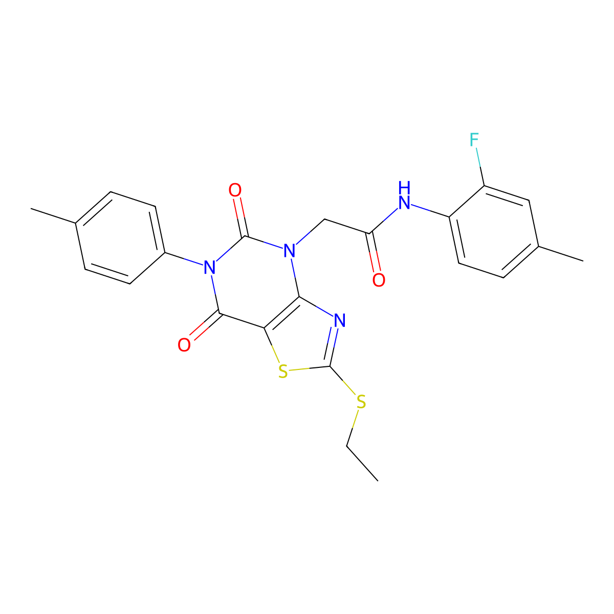 2-[2-(ethylsulfanyl)-6-(4-methylphenyl)-5,7-dioxo-4H,5H,6H,7H-[1,3]thiazolo[4,5-d]pyrimidin-4-yl]-N-(2-fluoro-4-methylphenyl)acetamide molecular structure, CAS 1251673-57-0