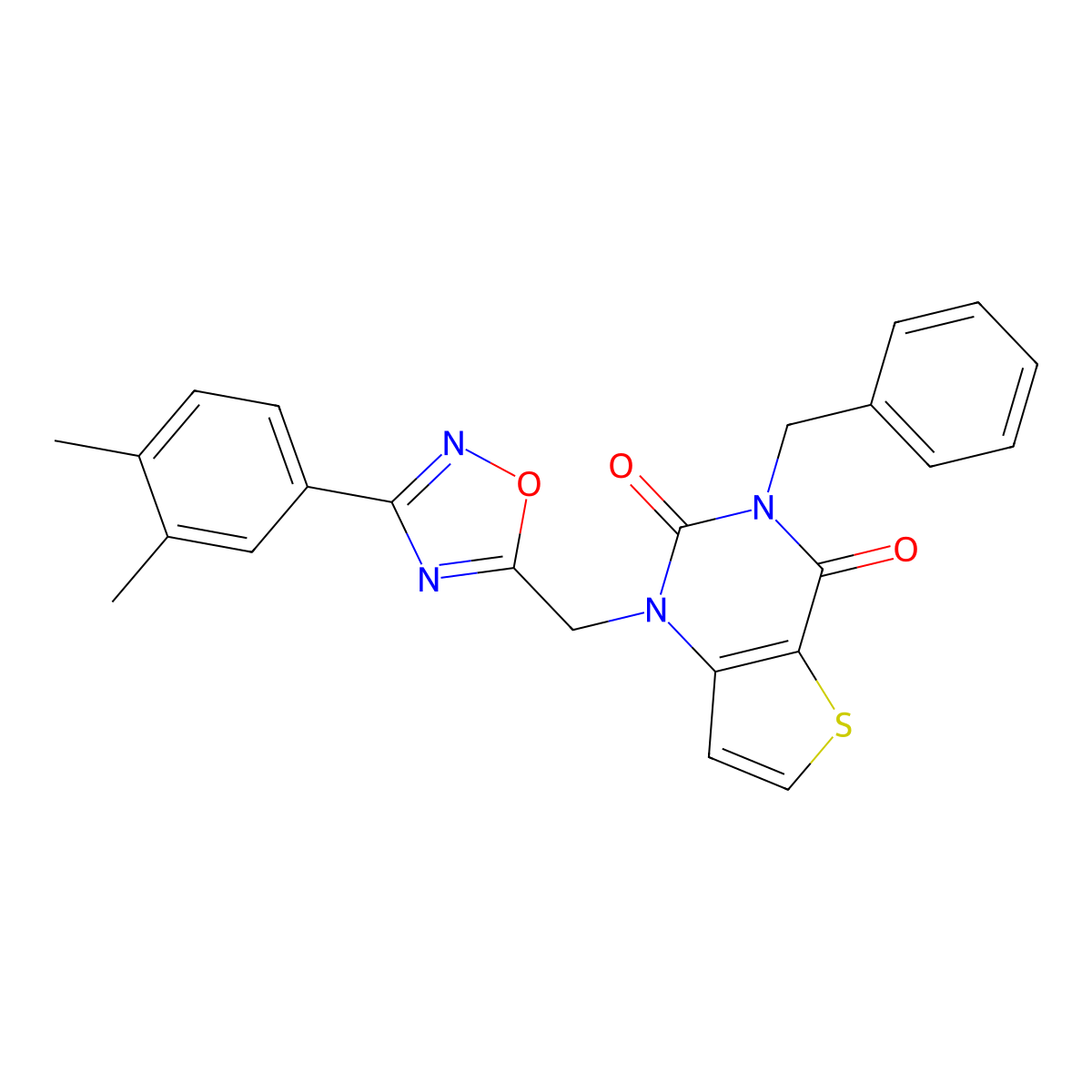 3-benzyl-1-{[3-(3,4-dimethylphenyl)-1,2,4-oxadiazol-5-yl]methyl}-1H,2H,3H,4H-thieno[3,2-d]pyrimidine-2,4-dione molecular structure, CAS 1251673-68-3