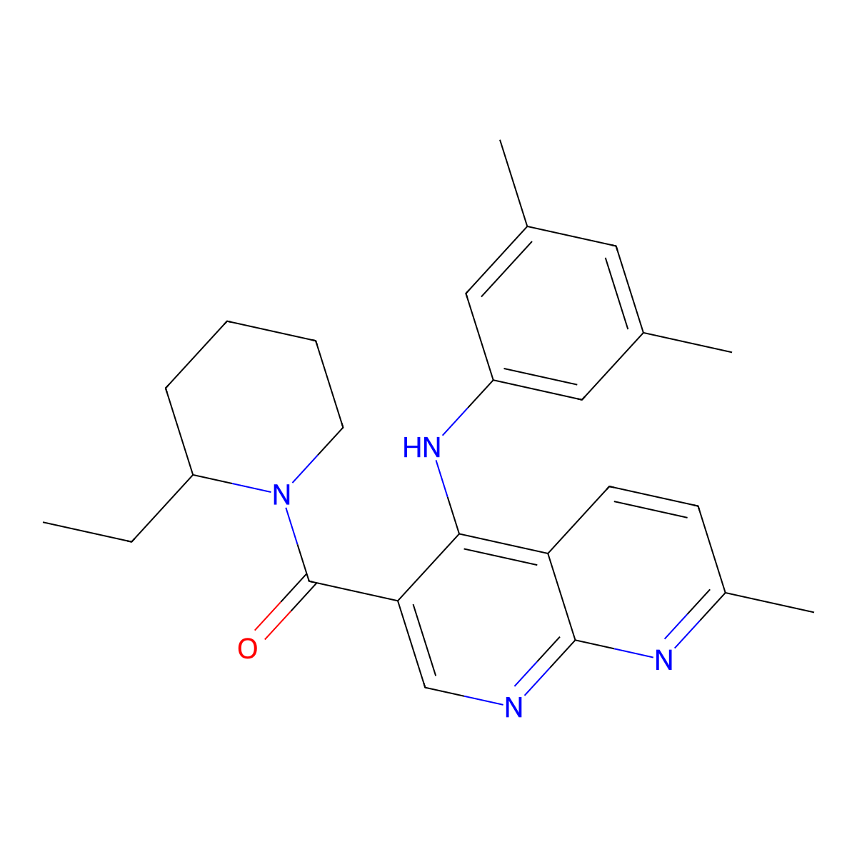 N-(3,5-dimethylphenyl)-3-(2-ethylpiperidine-1-carbonyl)-7-methyl-1,8-naphthyridin-4-amine molecular structure, CAS 1251673-98-9