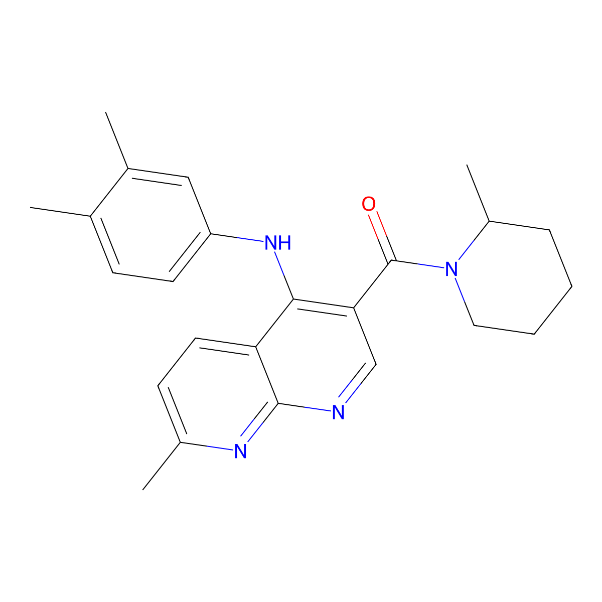 (4-((3,4-Dimethylphenyl)amino)-7-methyl-1,8-naphthyridin-3-yl)(2-methylpiperidin-1-yl)methanone molecular structure, CAS 1251674-02-8