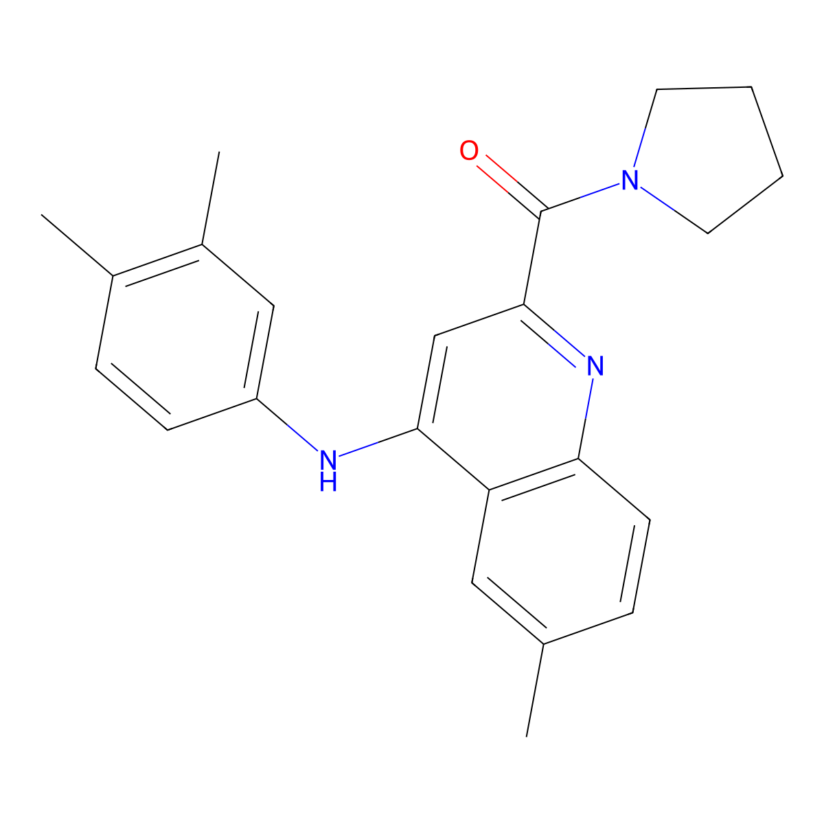 (4-((3,4-Dimethylphenyl)amino)-6-methylquinolin-2-yl)(pyrrolidin-1-yl)methanone molecular structure, CAS 1251674-06-2