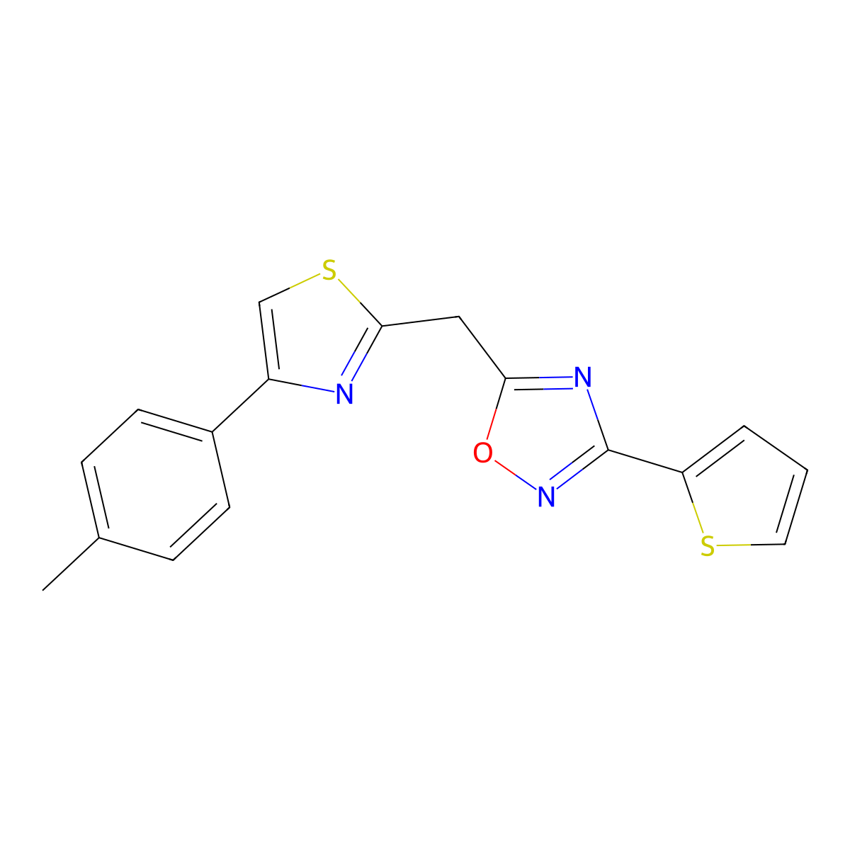 3-(Thiophen-2-yl)-5-((4-(p-tolyl)thiazol-2-yl)methyl)-1,2,4-oxadiazole molecular structure, CAS 1251674-41-5