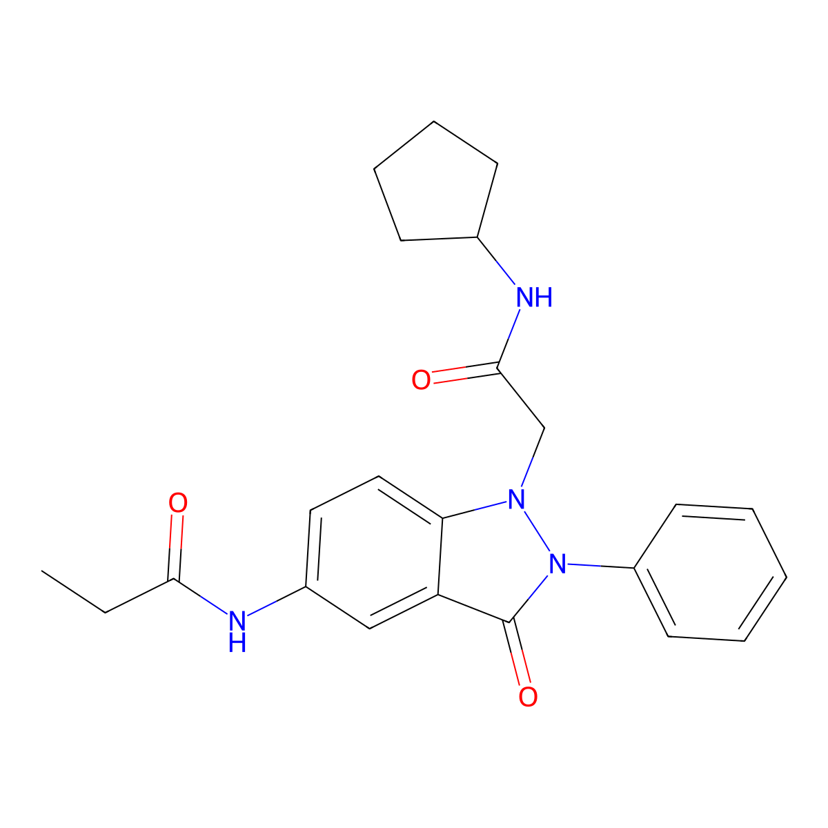N-(1-(2-(cyclopentylamino)-2-oxoethyl)-3-oxo-2-phenyl-2,3-dihydro-1H-indazol-5-yl)propionamide molecular structure, CAS 1251674-48-2