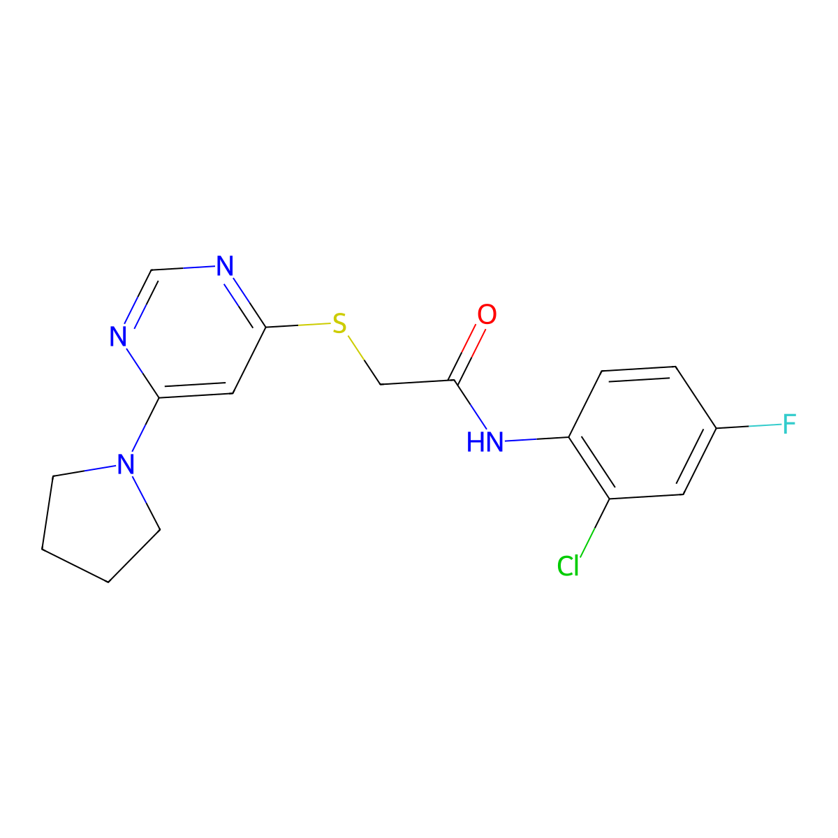 N-(2-chloro-4-fluorophenyl)-2-((6-(pyrrolidin-1-yl)pyrimidin-4-yl)thio)acetamide molecular structure, CAS 1251674-51-7