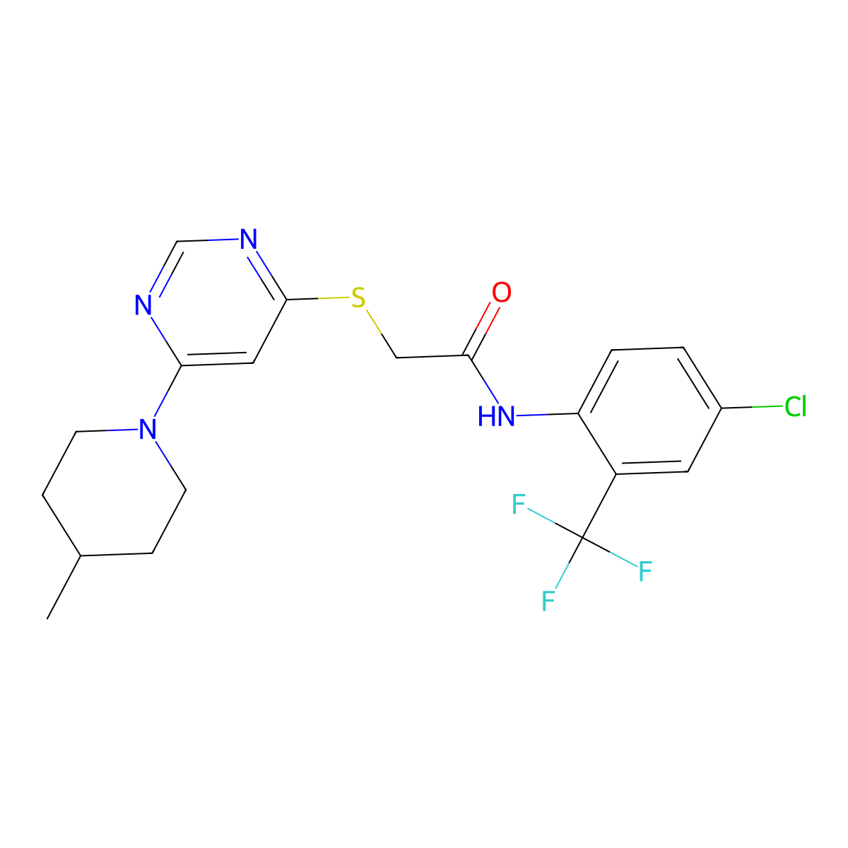N-[4-chloro-2-(trifluoromethyl)phenyl]-2-[6-(4-methylpiperidin-1-yl)pyrimidin-4-yl]sulfanylacetamide molecular structure, CAS 1251674-53-9