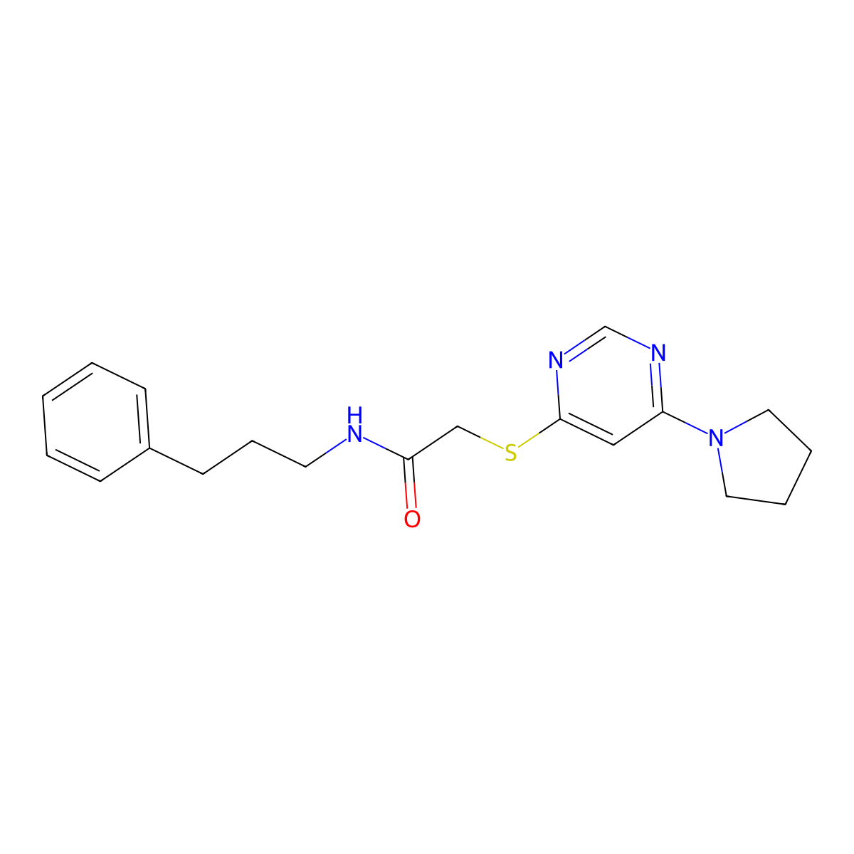 N-(3-phenylpropyl)-2-((6-(pyrrolidin-1-yl)pyrimidin-4-yl)thio)acetamide molecular structure, CAS 1251674-54-0