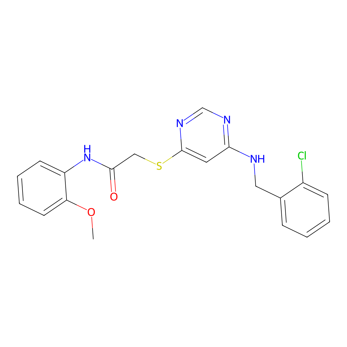 2-[(6-{[(2-chlorophenyl)methyl]amino}pyrimidin-4-yl)sulfanyl]-N-(2-methoxyphenyl)acetamide molecular structure, CAS 1251674-56-2