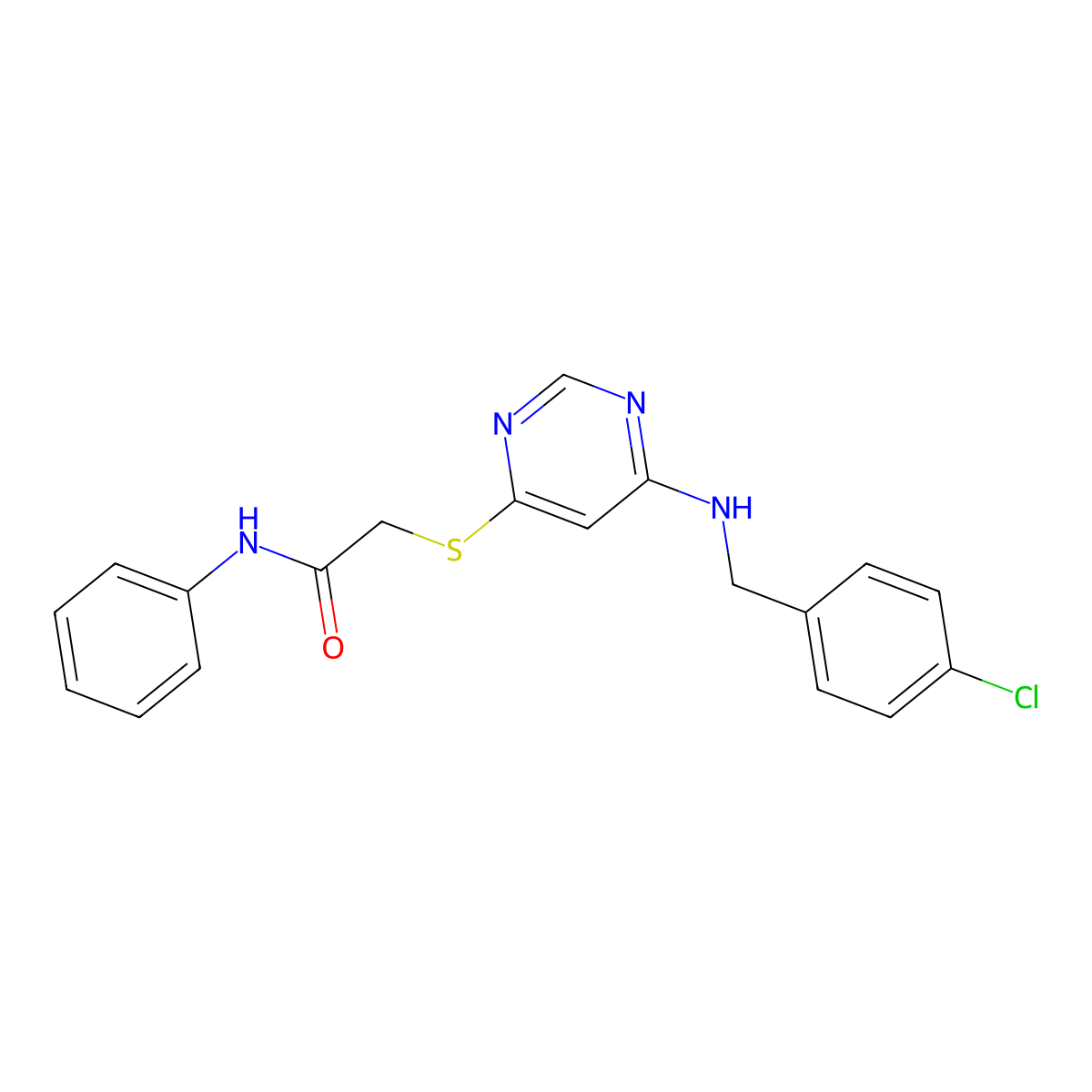 2-((6-((4-chlorobenzyl)amino)pyrimidin-4-yl)thio)-N-phenylacetamide molecular structure, CAS 1251674-58-4