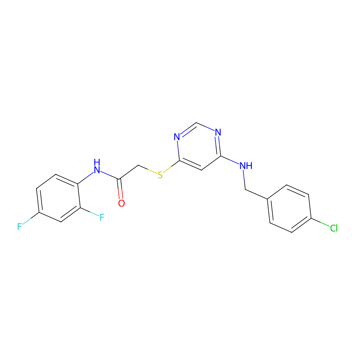 2-((6-((4-chlorobenzyl)amino)pyrimidin-4-yl)thio)-N-(2,4-difluorophenyl)acetamide molecular structure, CAS 1251674-61-9