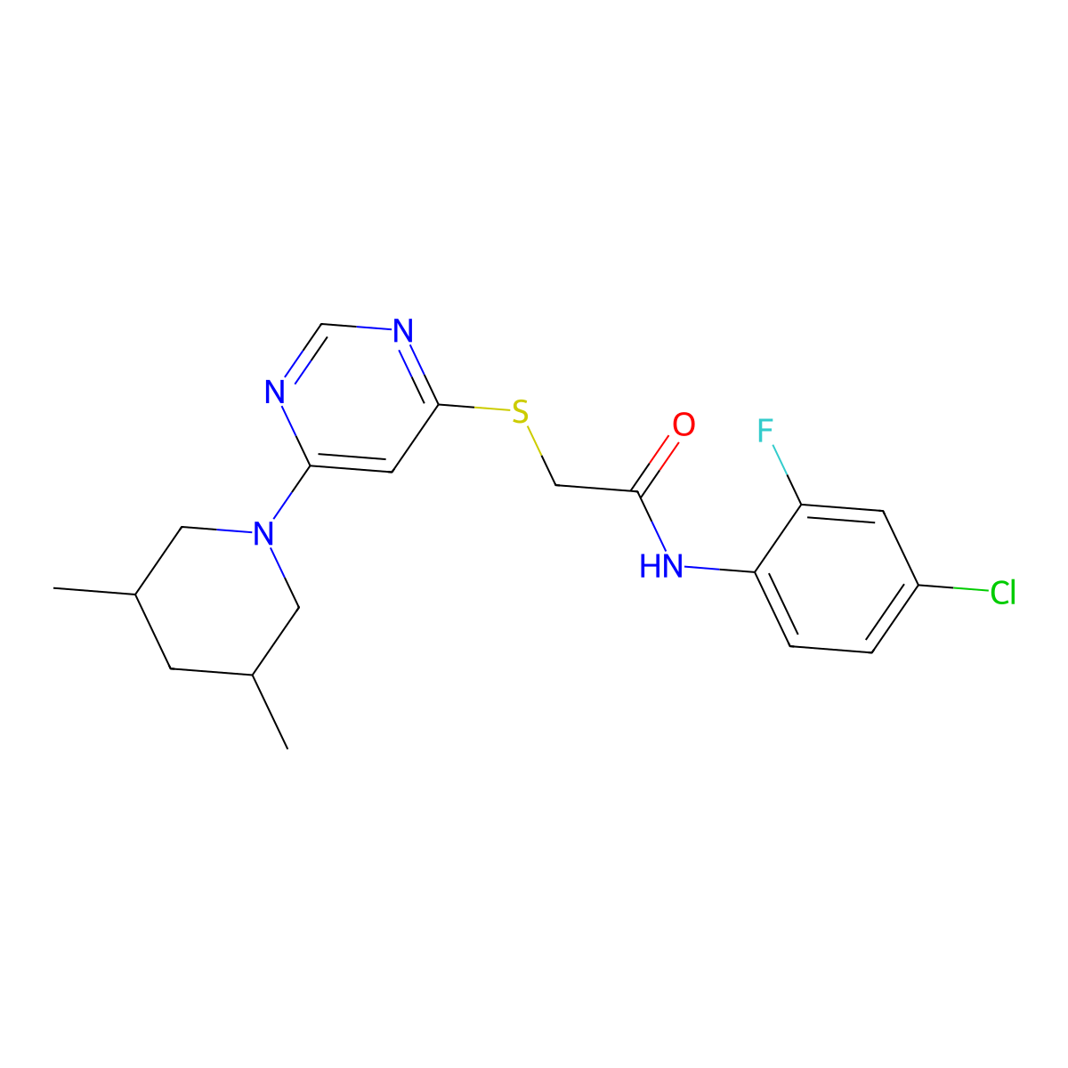 N-(4-Chloro-2-fluorophenyl)-2-{[6-(3,5-dimethylpiperidin-1-YL)pyrimidin-4-YL]sulfanyl}acetamide molecular structure, CAS 1251674-63-1