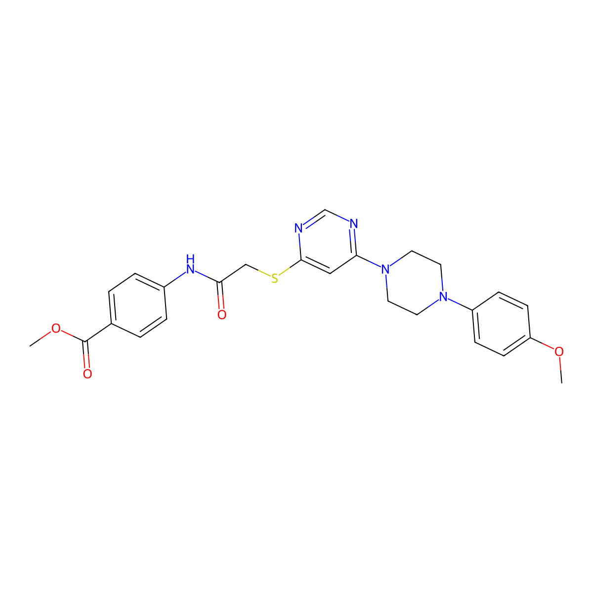 Methyl 4-[2-({6-[4-(4-methoxyphenyl)piperazin-1-yl]pyrimidin-4-yl}sulfanyl)acetamido]benzoate molecular structure, CAS 1251674-67-5
