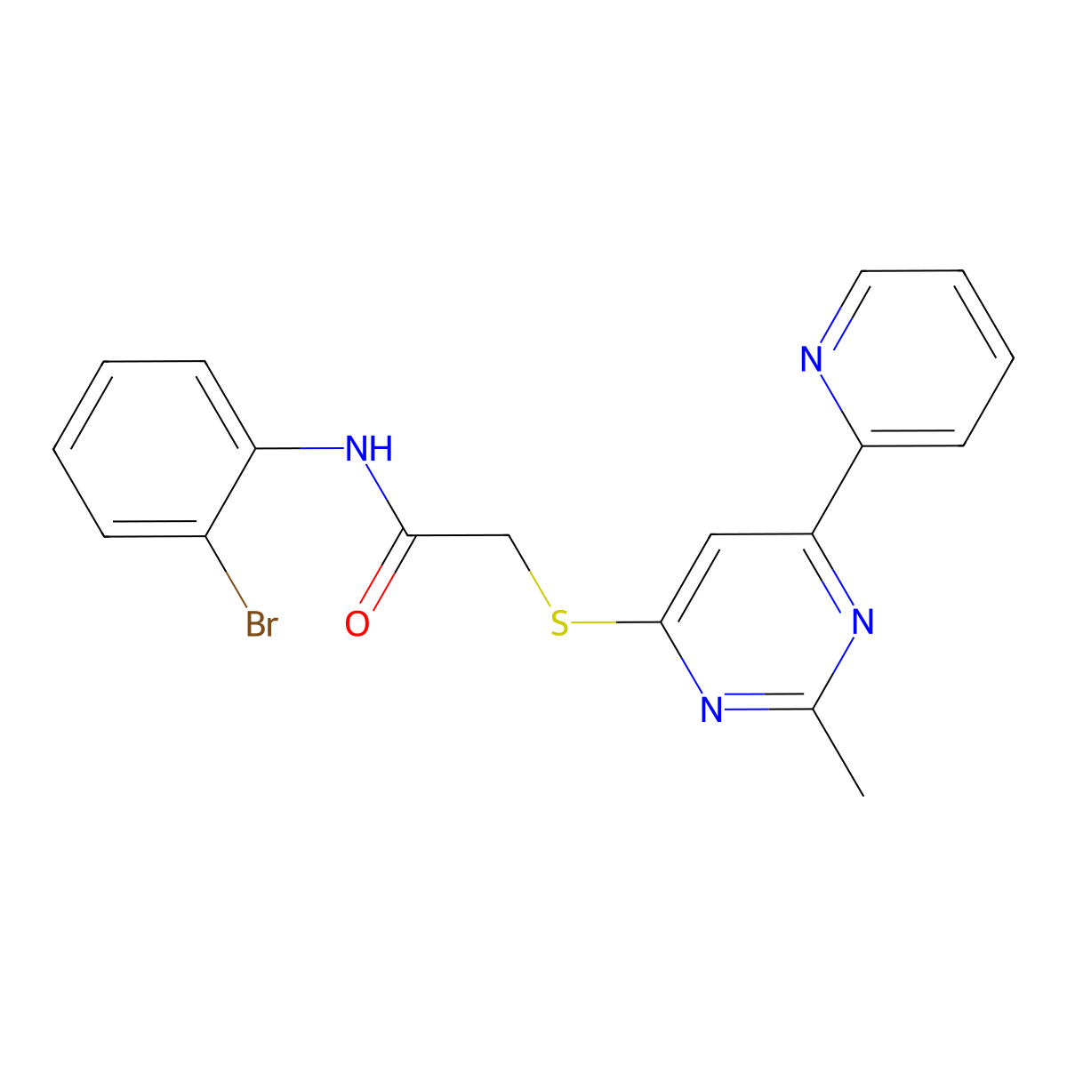 N-(2-bromophenyl)-2-((2-methyl-6-(pyridin-2-yl)pyrimidin-4-yl)thio)acetamide molecular structure, CAS 1251674-69-7