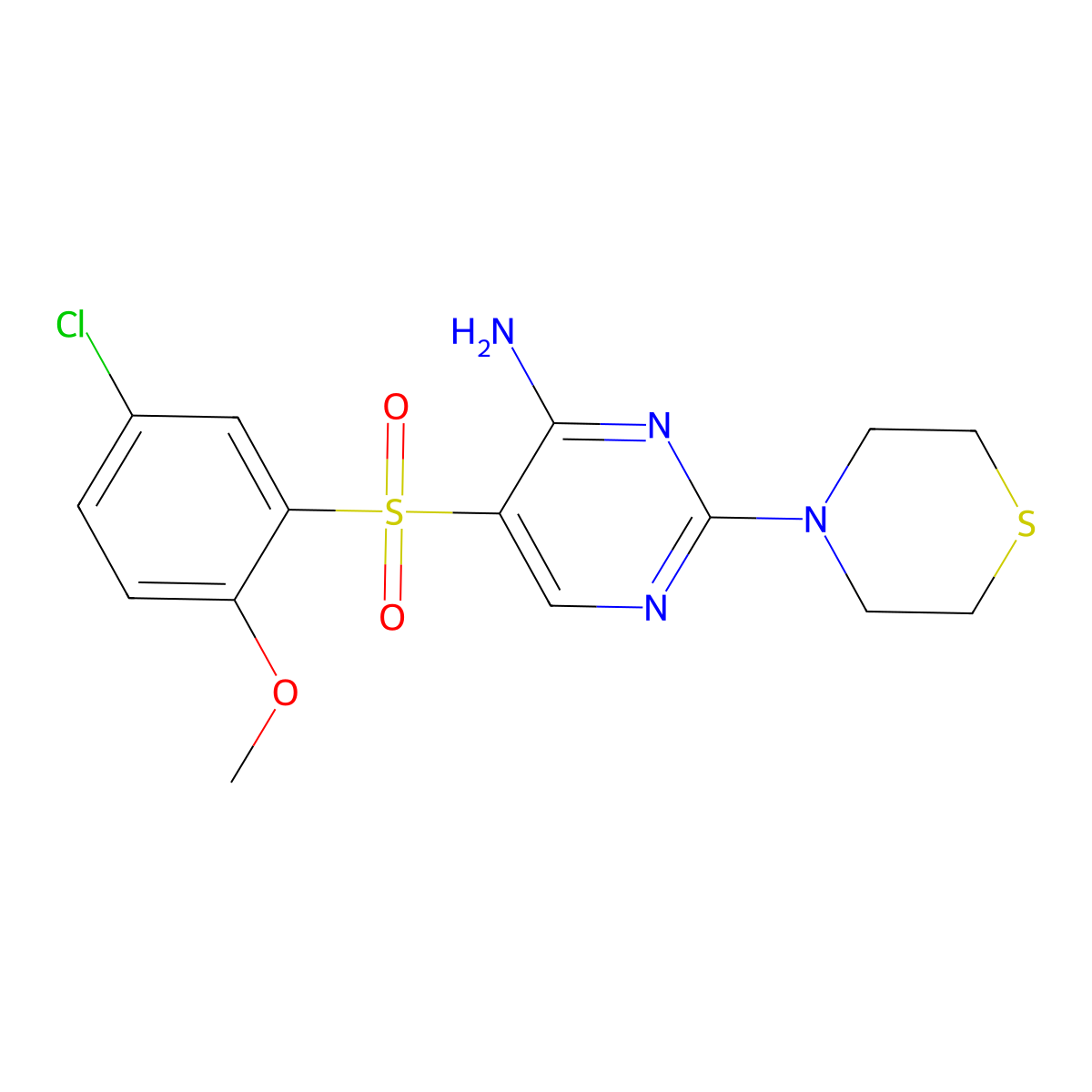 5-((5-Chloro-2-methoxyphenyl)sulfonyl)-2-thiomorpholinopyrimidin-4-amine molecular structure, CAS 1251674-76-6