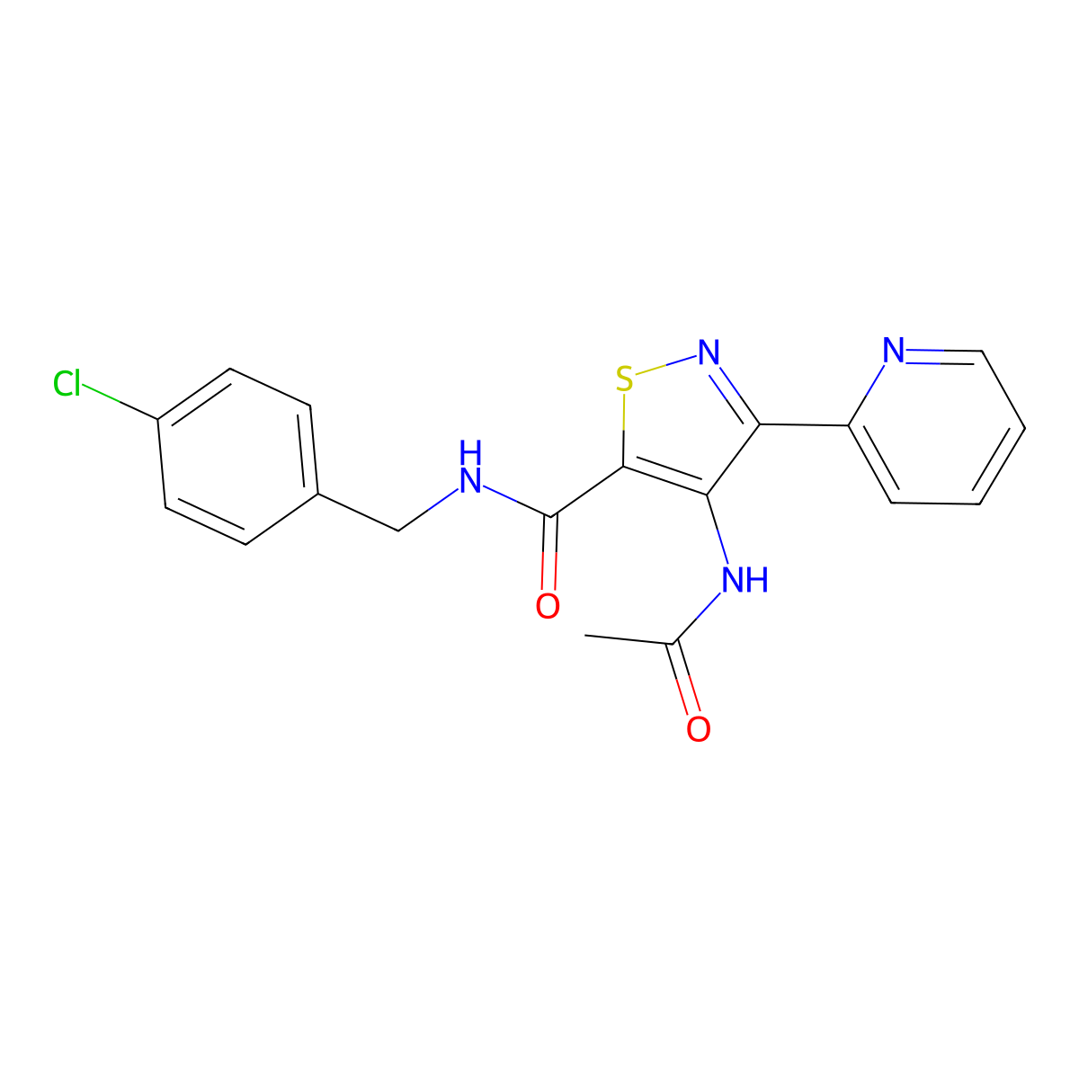 N-[(4-chlorophenyl)methyl]-4-acetamido-3-(pyridin-2-yl)-1,2-thiazole-5-carboxamide molecular structure, CAS 1251674-81-3