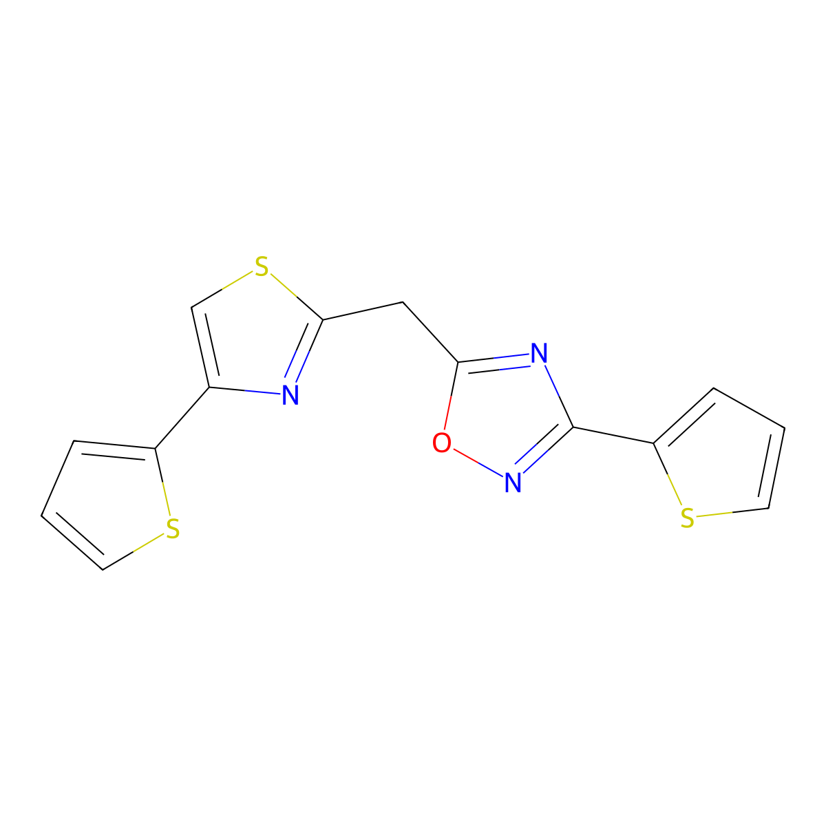 3-(Thiophen-2-yl)-5-((4-(thiophen-2-yl)thiazol-2-yl)methyl)-1,2,4-oxadiazole molecular structure, CAS 1251674-82-4