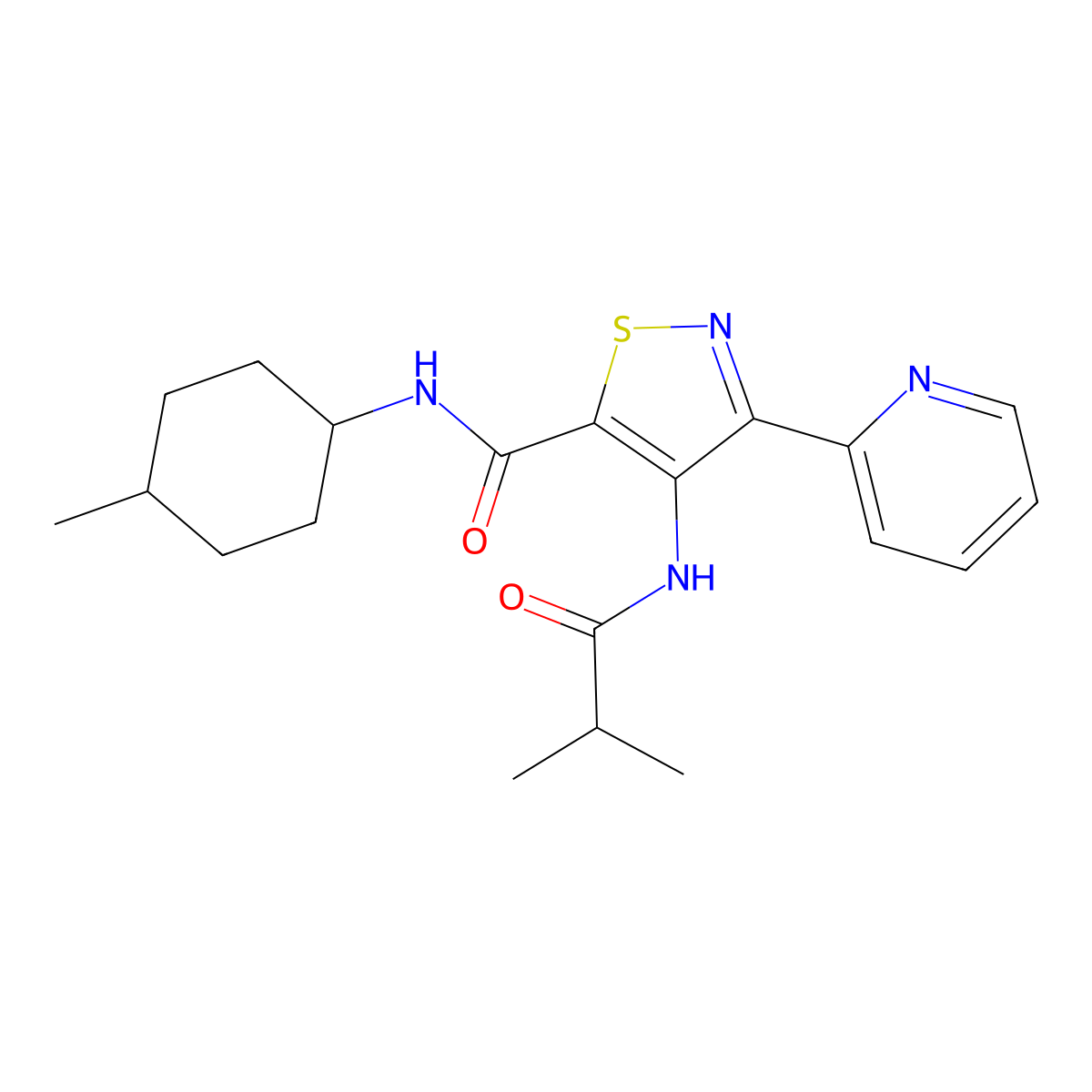 N-(4-methylcyclohexyl)-4-(2-methylpropanamido)-3-(pyridin-2-yl)-1,2-thiazole-5-carboxamide molecular structure, CAS 1251674-87-9