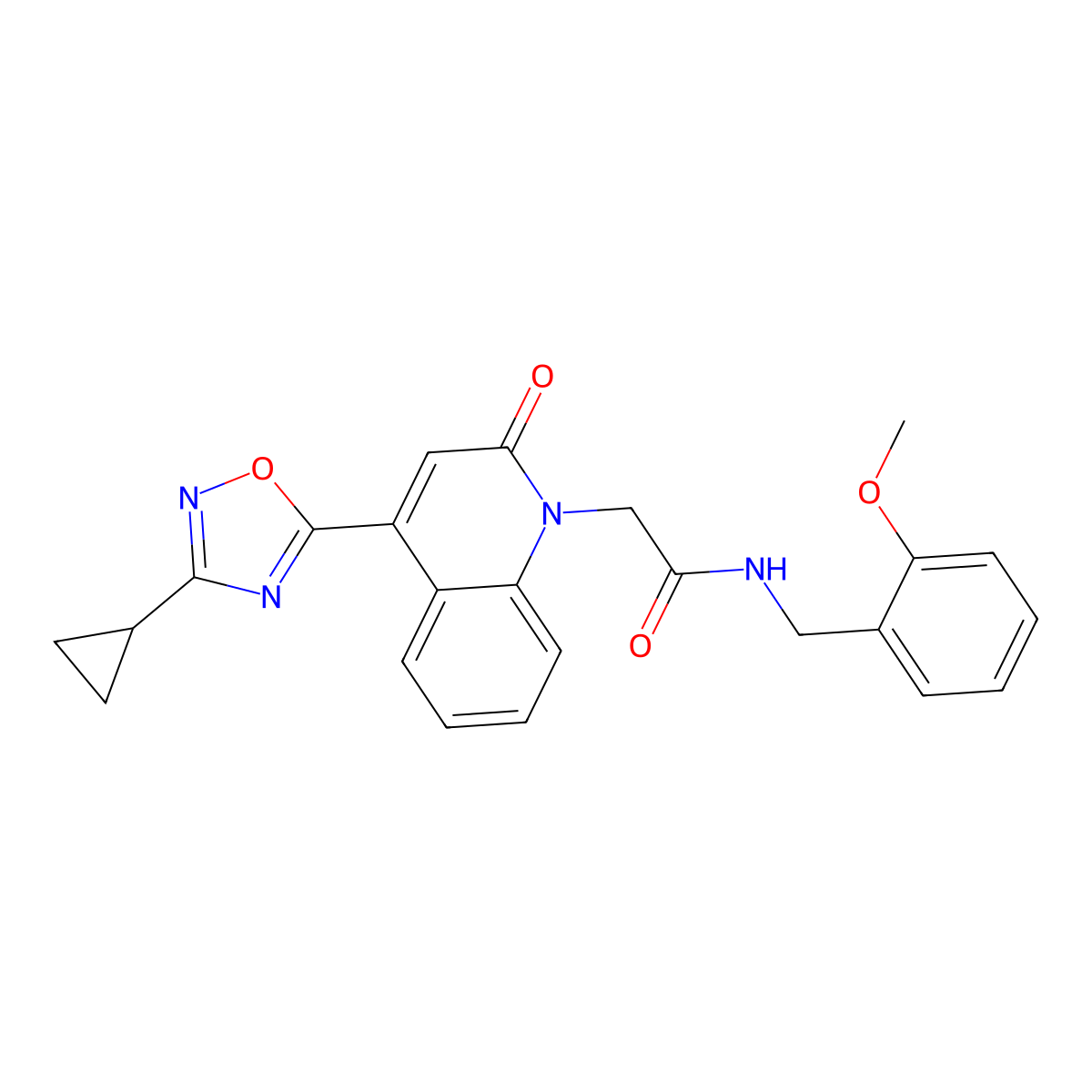 2-(4-(3-cyclopropyl-1,2,4-oxadiazol-5-yl)-2-oxoquinolin-1(2H)-yl)-N-(2-methoxybenzyl)acetamide molecular structure, CAS 1251674-88-0