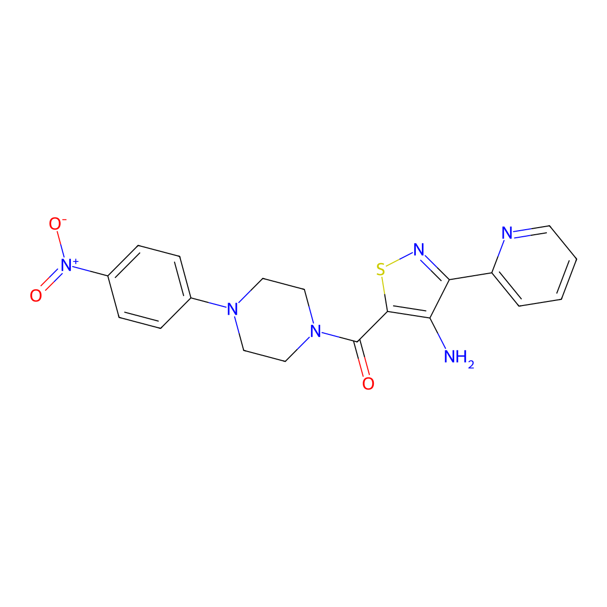 (4-Amino-3-(pyridin-2-yl)isothiazol-5-yl)(4-(4-nitrophenyl)piperazin-1-yl)methanone molecular structure, CAS 1251674-90-4