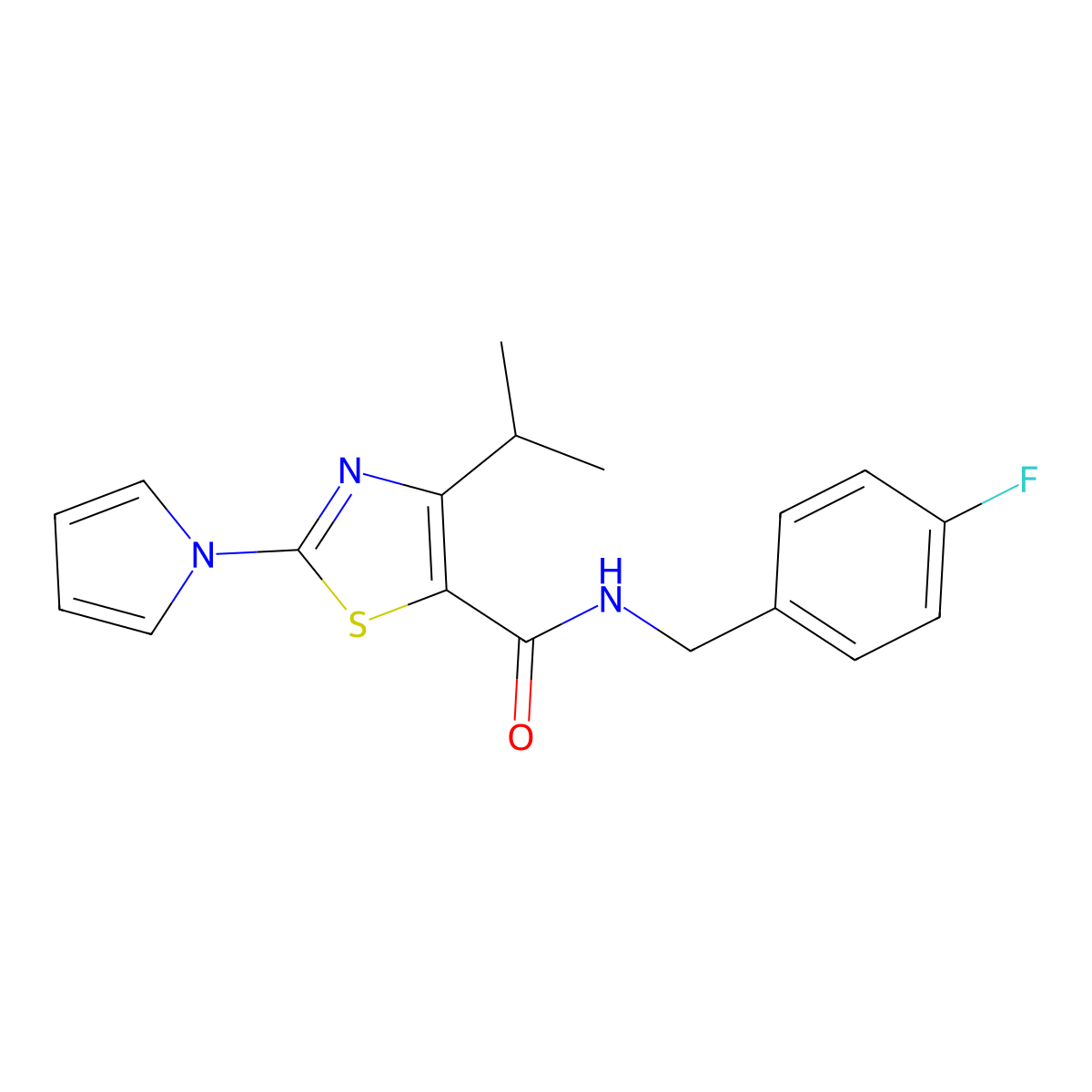 N-[(4-fluorophenyl)methyl]-4-(propan-2-yl)-2-(1H-pyrrol-1-yl)-1,3-thiazole-5-carboxamide molecular structure, CAS 1251675-14-5