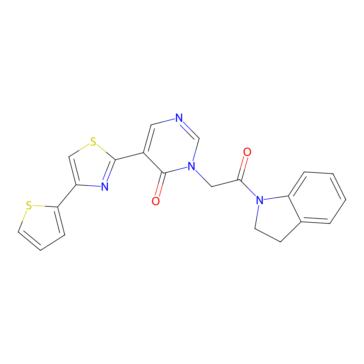 3-(2-(indolin-1-yl)-2-oxoethyl)-5-(4-(thiophen-2-yl)thiazol-2-yl)pyrimidin-4(3H)-one molecular structure, CAS 1251675-39-4