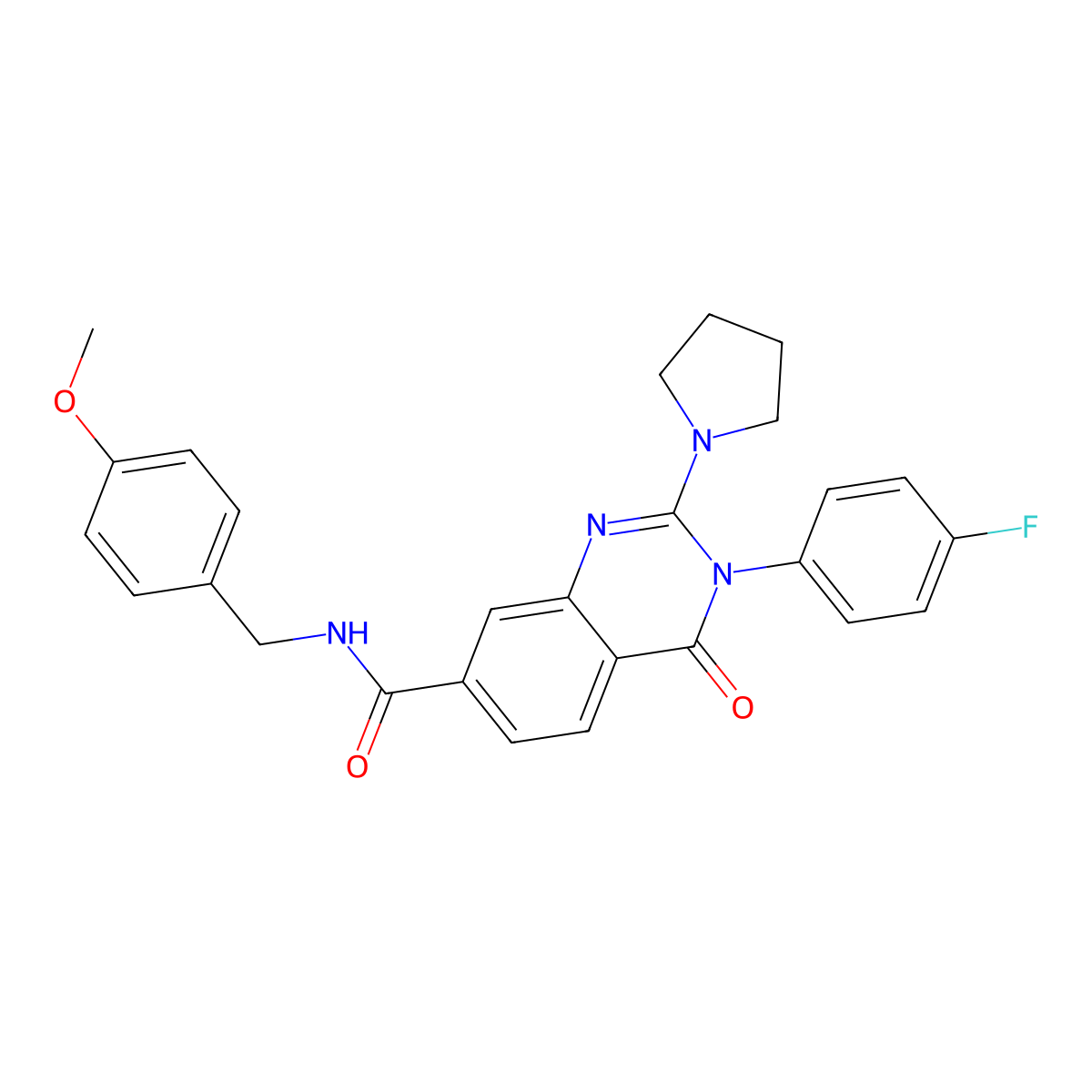 3-(4-fluorophenyl)-N-(4-methoxybenzyl)-4-oxo-2-(pyrrolidin-1-yl)-3,4-dihydroquinazoline-7-carboxamide molecular structure, CAS 1251675-40-7