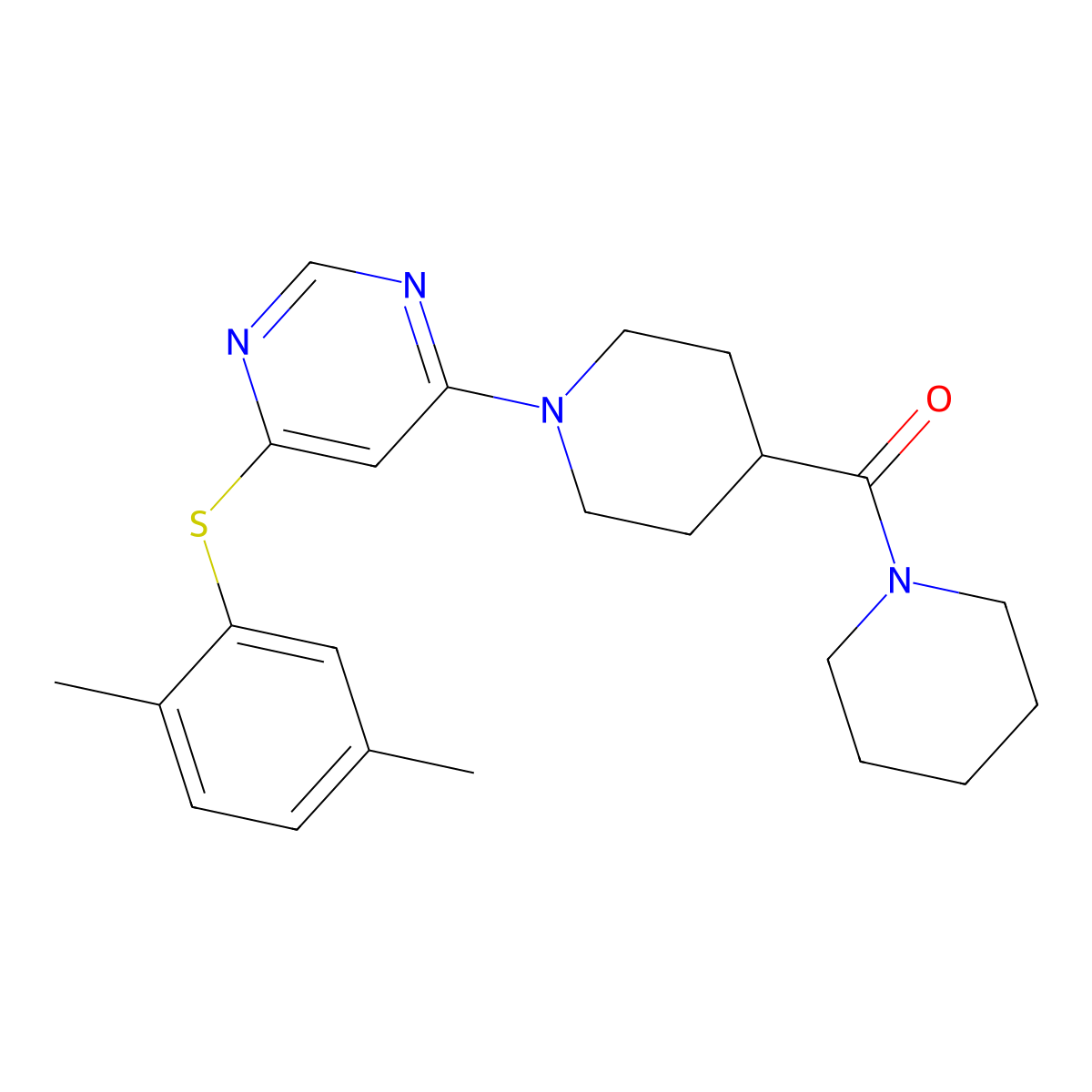 (1-(6-((2,5-Dimethylphenyl)thio)pyrimidin-4-yl)piperidin-4-yl)(piperidin-1-yl)methanone molecular structure, CAS 1251675-50-9