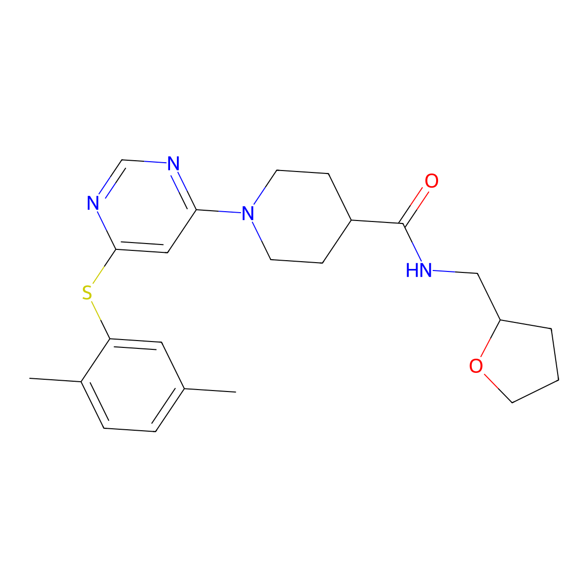 1-(6-((2,5-dimethylphenyl)thio)pyrimidin-4-yl)-N-((tetrahydrofuran-2-yl)methyl)piperidine-4-carboxamide molecular structure, CAS 1251675-54-3