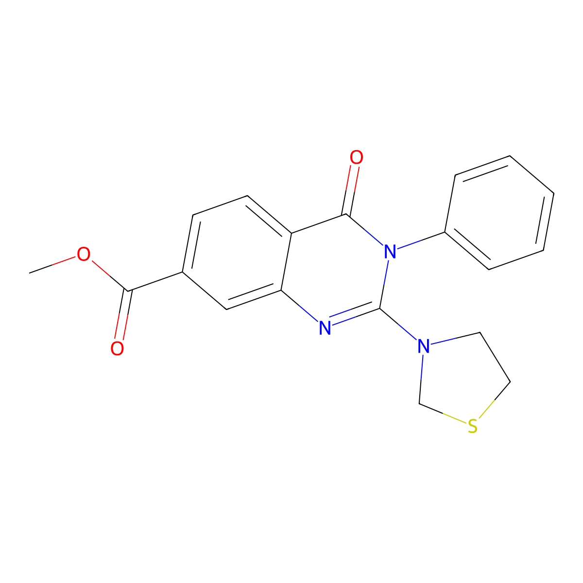 Methyl 4-oxo-3-phenyl-2-(thiazolidin-3-yl)-3,4-dihydroquinazoline-7-carboxylate molecular structure, CAS 1251675-59-8