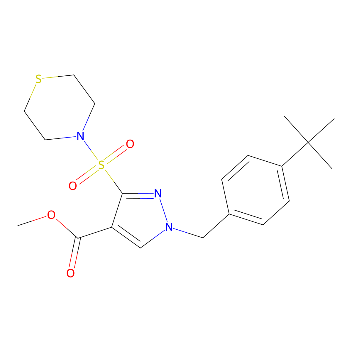 methyl 1-(4-(tert-butyl)benzyl)-3-(thiomorpholinosulfonyl)-1H-pyrazole-4-carboxylate molecular structure, CAS 1251675-62-3