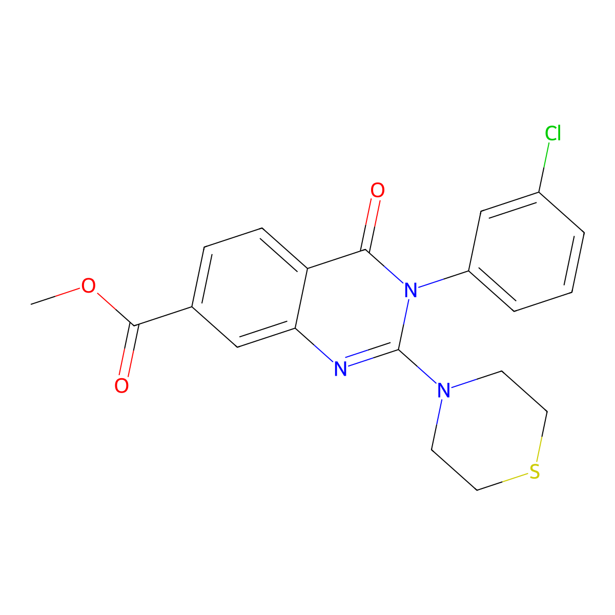 Methyl 3-(3-chlorophenyl)-4-oxo-2-thiomorpholino-3,4-dihydroquinazoline-7-carboxylate molecular structure, CAS 1251675-67-8