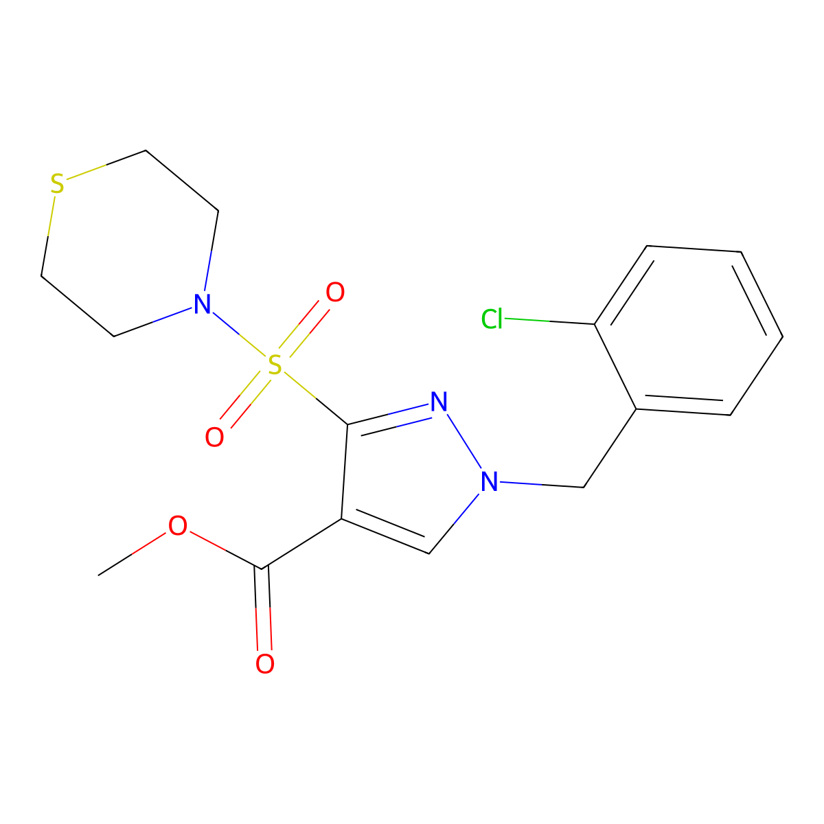 methyl 1-(2-chlorobenzyl)-3-(thiomorpholinosulfonyl)-1H-pyrazole-4-carboxylate molecular structure, CAS 1251675-68-9