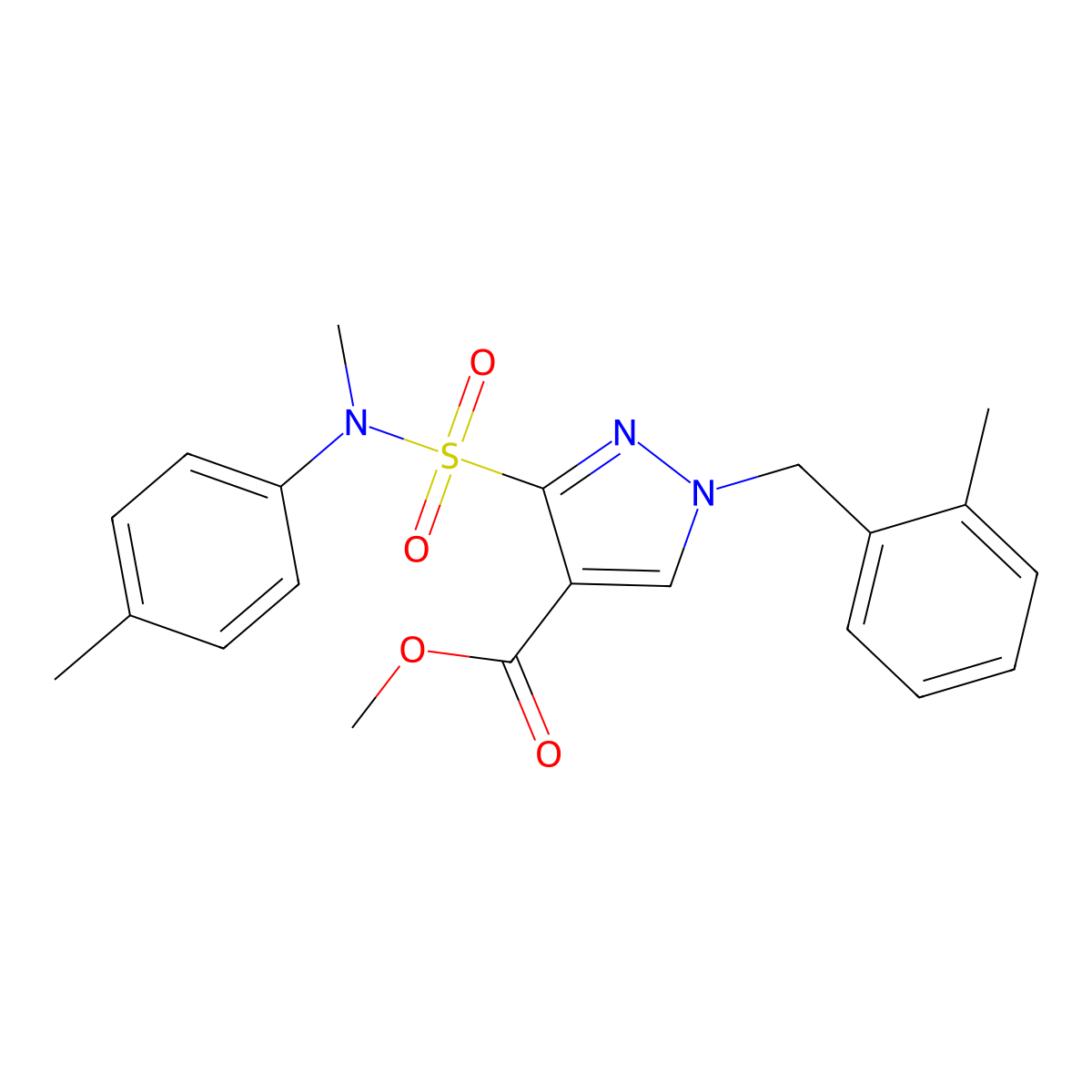 methyl 3-(N-methyl-N-(p-tolyl)sulfamoyl)-1-(2-methylbenzyl)-1H-pyrazole-4-carboxylate molecular structure, CAS 1251675-71-4