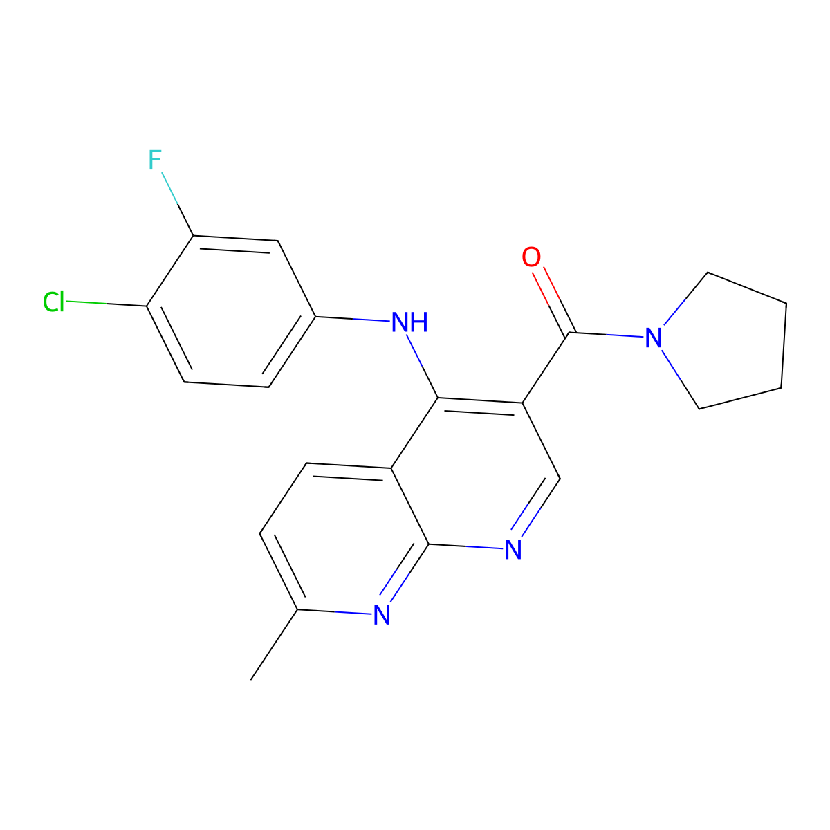 (4-((4-Chloro-3-fluorophenyl)amino)-7-methyl-1,8-naphthyridin-3-yl)(pyrrolidin-1-yl)methanone molecular structure, CAS 1251675-87-2