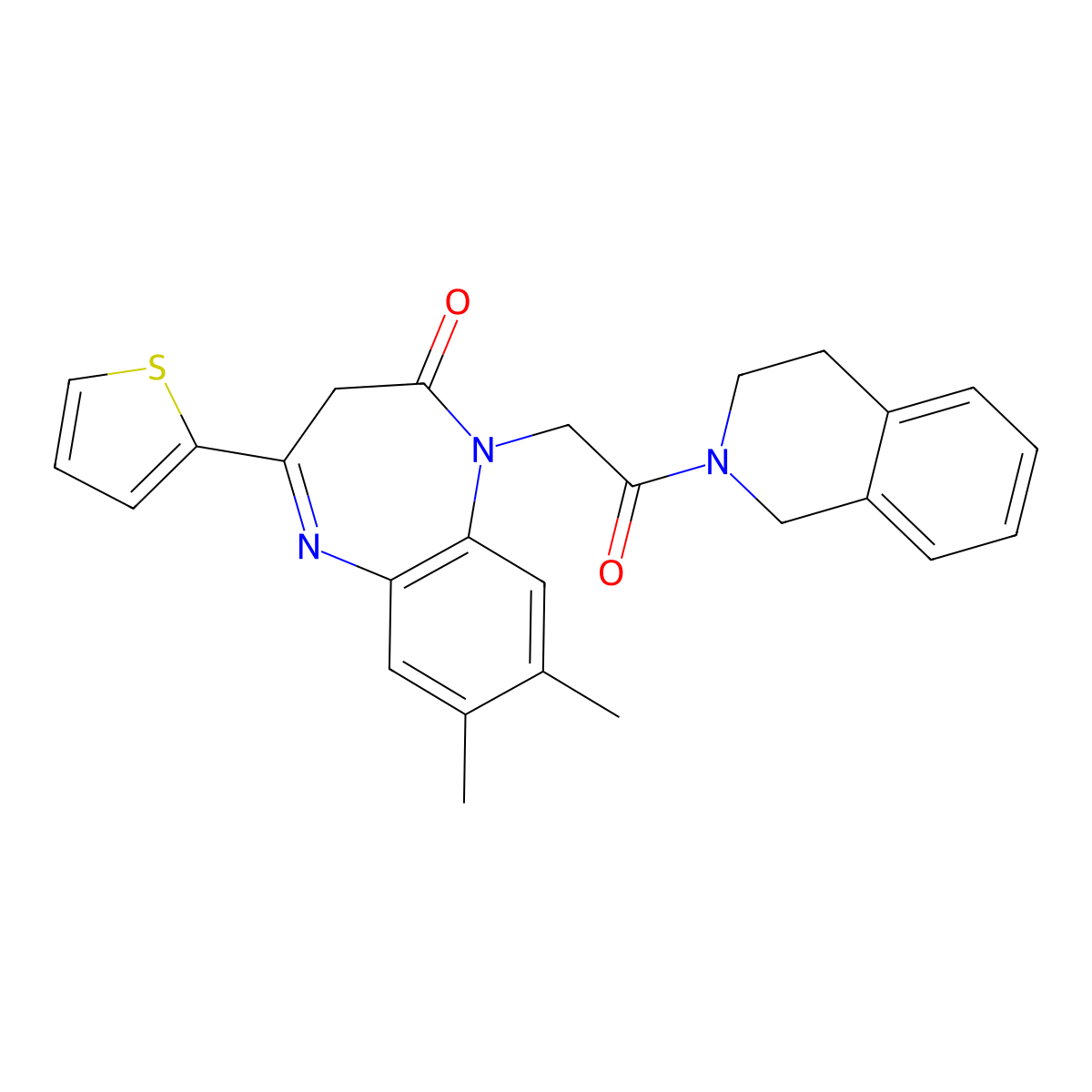 7,8-dimethyl-1-[2-oxo-2-(1,2,3,4-tetrahydroisoquinolin-2-yl)ethyl]-4-(thiophen-2-yl)-2,3-dihydro-1H-1,5-benzodiazepin-2-one molecular structure, CAS 1251675-88-3