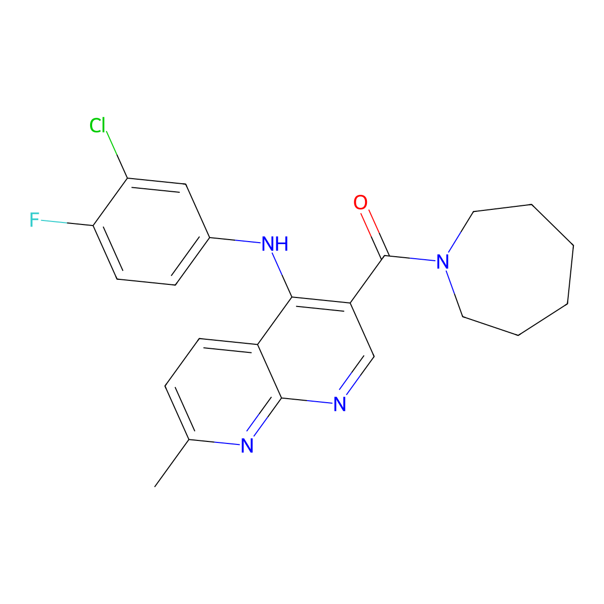 Azepan-1-yl(4-((3-chloro-4-fluorophenyl)amino)-7-methyl-1,8-naphthyridin-3-yl)methanone molecular structure, CAS 1251675-90-7