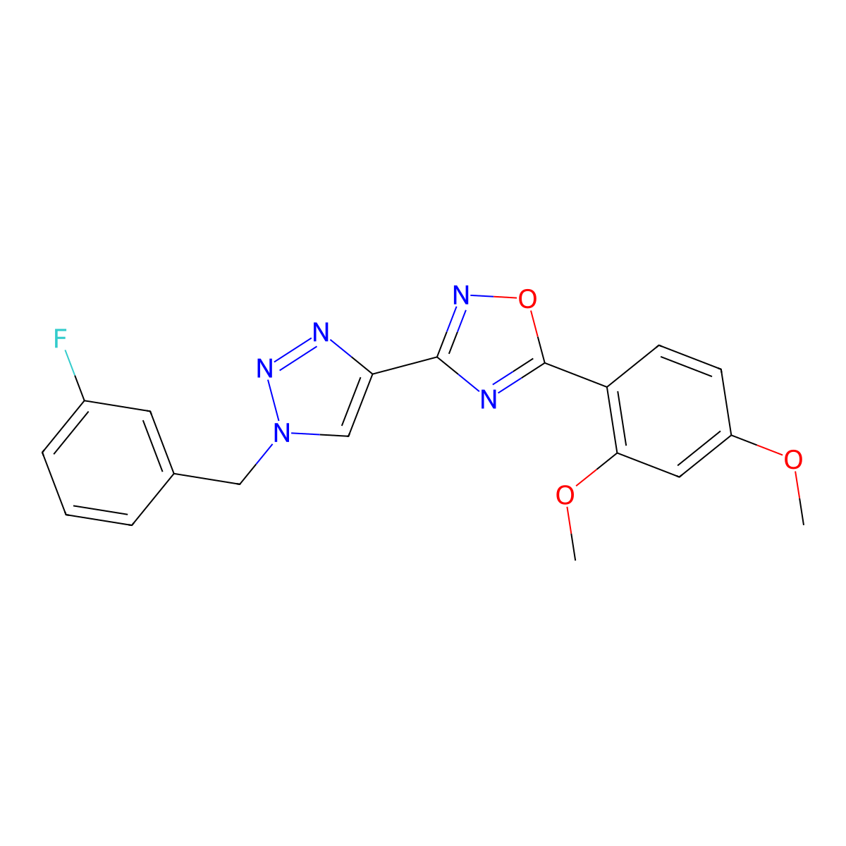 5-(2,4-dimethoxyphenyl)-3-(1-(3-fluorobenzyl)-1H-1,2,3-triazol-4-yl)-1,2,4-oxadiazole molecular structure, CAS 1251675-98-5