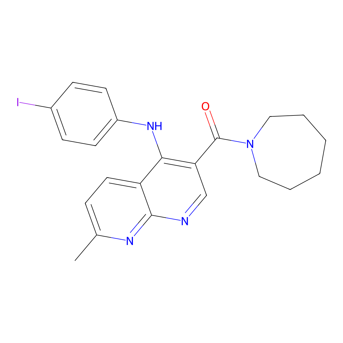Azepan-1-yl(4-((4-iodophenyl)amino)-7-methyl-1,8-naphthyridin-3-yl)methanone molecular structure, CAS 1251676-02-4