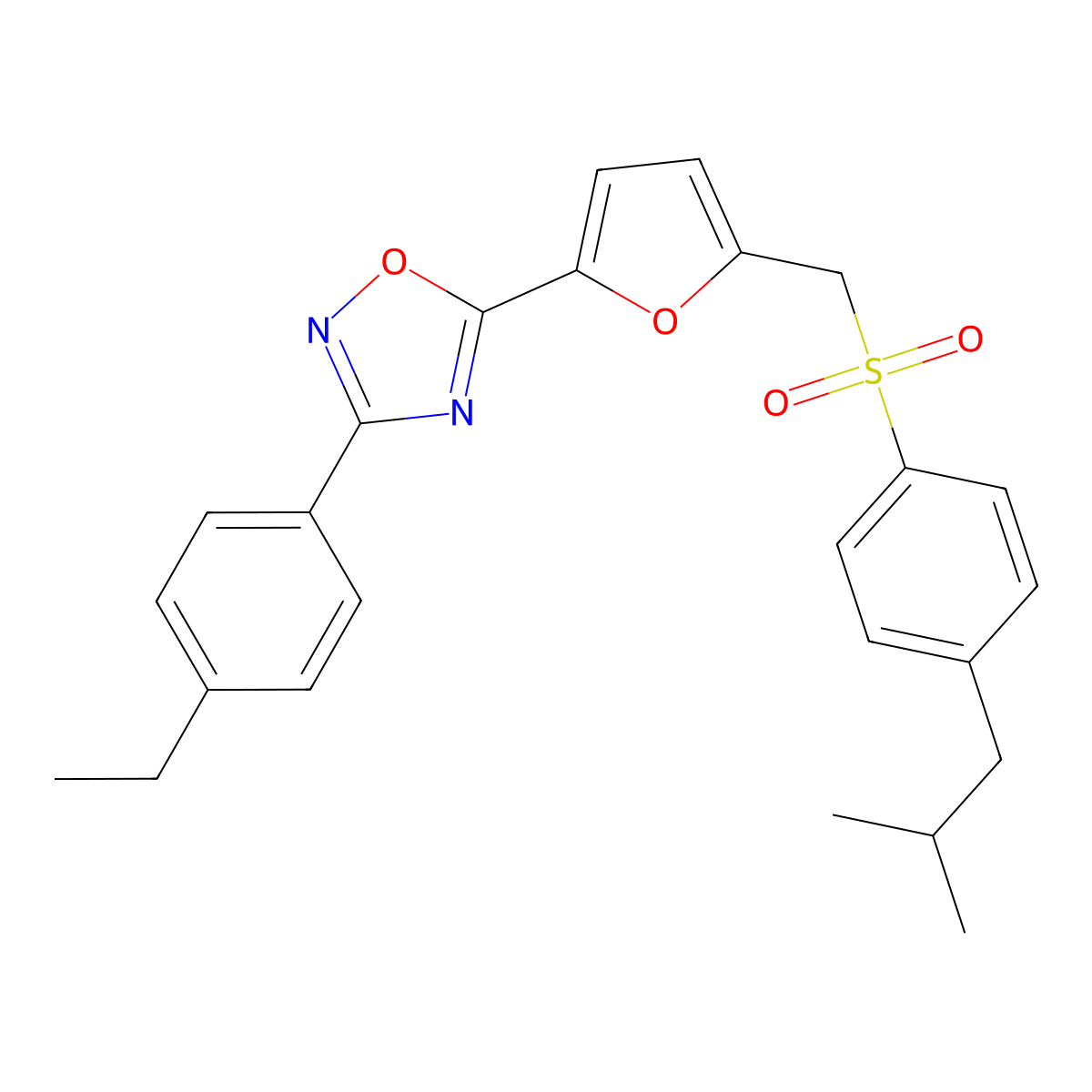 3-(4-Ethylphenyl)-5-(5-(((4-isobutylphenyl)sulfonyl)methyl)furan-2-yl)-1,2,4-oxadiazole molecular structure, CAS 1251676-34-2