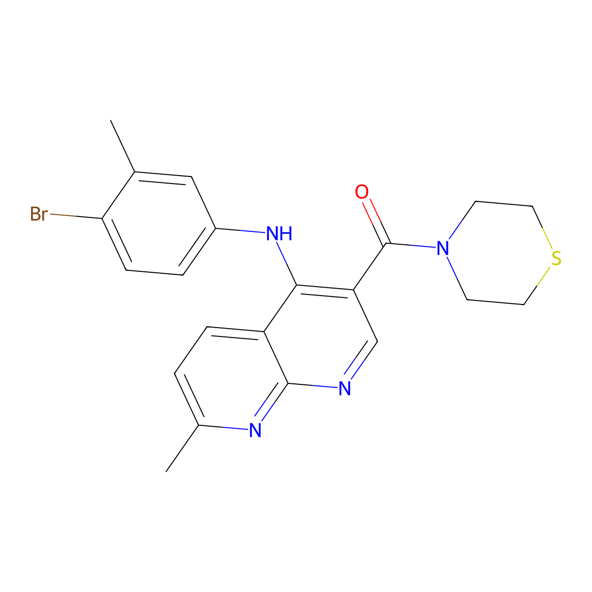 (4-((4-Bromo-3-methylphenyl)amino)-7-methyl-1,8-naphthyridin-3-yl)(thiomorpholino)methanone molecular structure, CAS 1251676-42-2