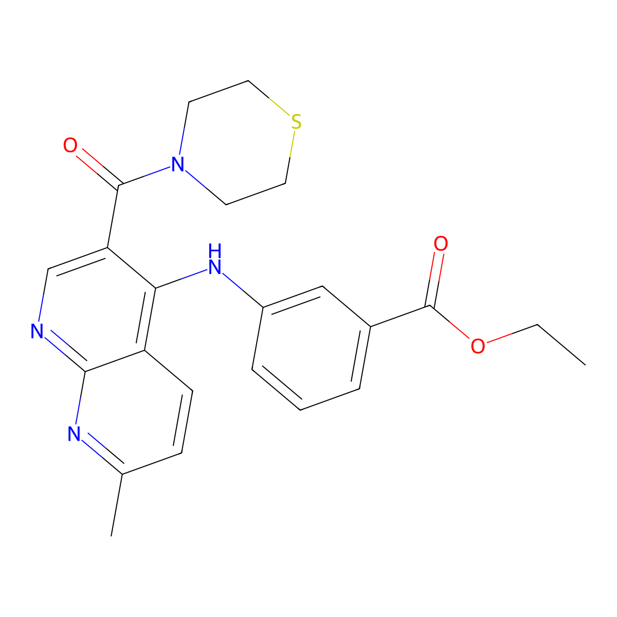 Ethyl 3-{[7-methyl-3-(thiomorpholine-4-carbonyl)-1,8-naphthyridin-4-yl]amino}benzoate molecular structure, CAS 1251676-73-9