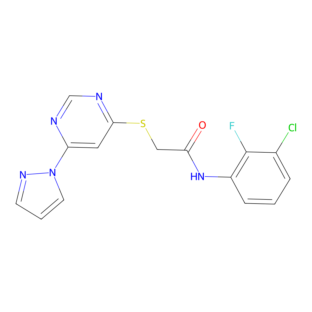 2-((6-(1H-pyrazol-1-yl)pyrimidin-4-yl)thio)-N-(3-chloro-2-fluorophenyl)acetamide molecular structure, CAS 1251676-77-3