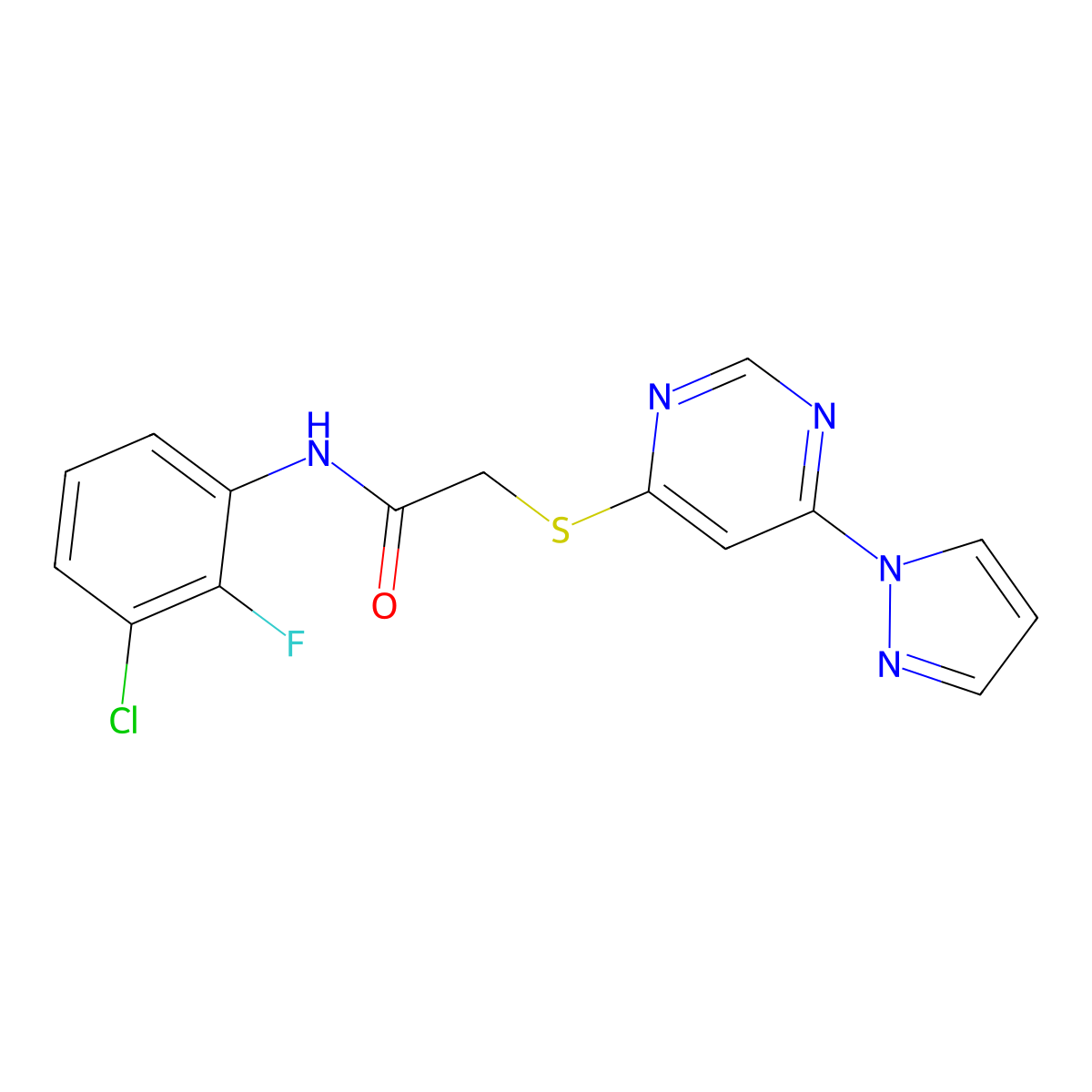 2-((6-(1H-pyrazol-1-yl)pyrimidin-4-yl)thio)-N-(3-chloro-2-fluorophenyl)acetamide molecular structure, CAS 1251676-77-3