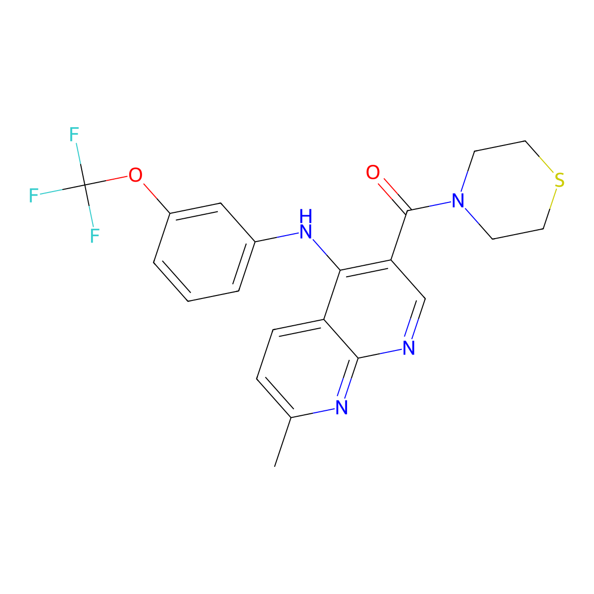 (7-Methyl-4-((3-(trifluoromethoxy)phenyl)amino)-1,8-naphthyridin-3-yl)(thiomorpholino)methanone molecular structure, CAS 1251676-79-5